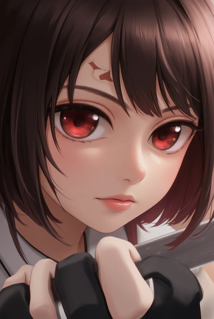 a close up of a teenage girl holding a katana,  A portrait of a character inspired by Kamisaka Sekka , shutterstock, what is?, Demon Hunters art style,  fanart by Rui from Demon Slayer , Kimetsu no yaiba,   handsome boy with demon hunter art  , Tanjiro Kamado, Mushoku tensei, Also, official character art, red eyes,  scar on forehead . ropa Tanjiro Kamado demon slayer,hair in peaks 