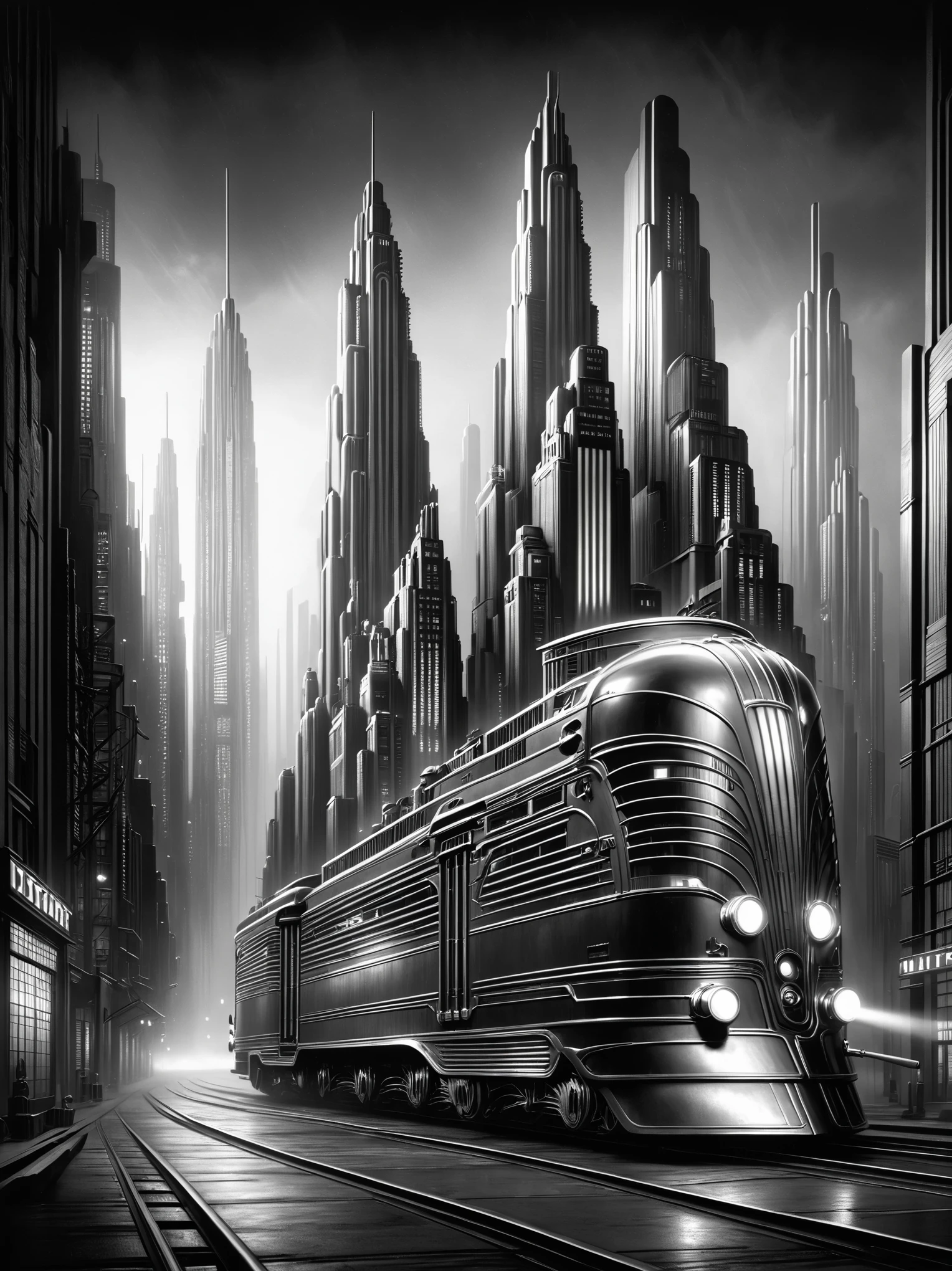  heavy dieselpunk streetcar on the street  ,buildings, Ultra-detailed Mega-City , sharp, hyper-realistic,  kinematic lighting , black magic,  detailed texture, photograph,  photorealistic  , dark theme, silhouette,  Hugh Ferris style 
Mad-Ropolis movie, futuristic, Art Deco, expressionist, 1920s,  Black and White ,