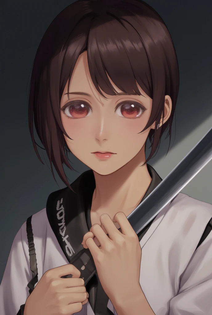 imagen realista.a close up of a teenage girl holding a katana,  A portrait of a character inspired by Kamisaka Sekka , shutterstock, what is?, Demon Hunters art style,  fanart by Rui from Demon Slayer , Kimetsu no yaiba,   handsome boy with demon hunter art  , Tanjiro Kamado, Mushoku tensei, Also, official character art, red eyes,  scar on forehead . ropa Tanjiro Kamado demon slayer,hair in peaks 