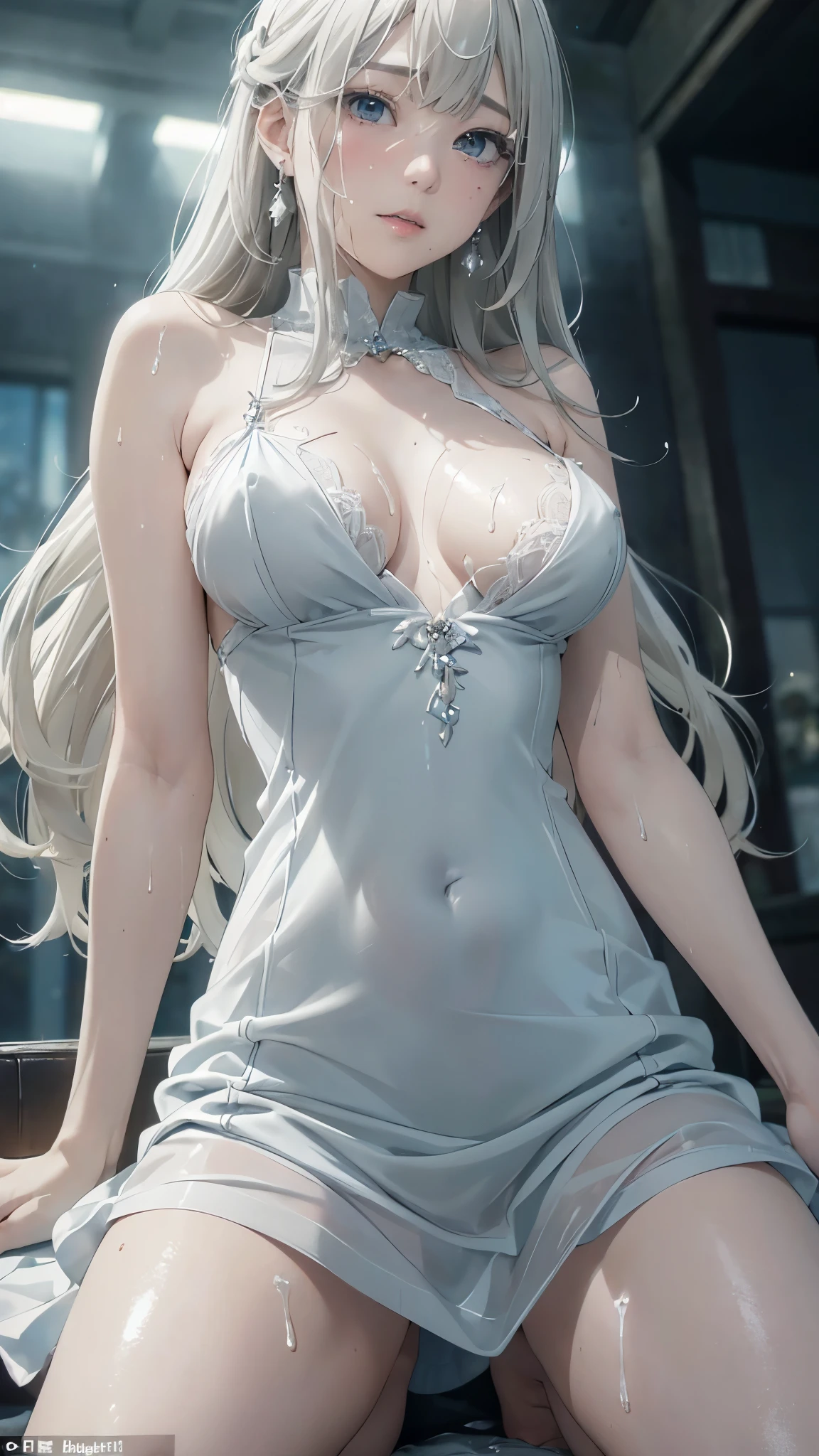 Arms up Movie still image, ((Best Quality, 8k, Masterpiece:1.3)), Focus: 1.2, caucasian blonde with curly hair, long white sleeveless silk robes, dynamic pose, arms up, pointy elf ears, native necklaces, and silver bracelets, Perfect Body Beauty: 1.4, ((Long Hair)), (Wet Clothes:1.1) , fantasy city street background, Highly detailed face and skin texture, Detailed eyes, Double eyelids, closed eyes, wet, sweaty, glistening skin, lush colors, volumetric lights, ambient occlusion, rays of light shining trough clouds, cinematic lighting, depth of field, backlight, dark, moody, misty, by greg rutkowski, showing armpits, midnight, moonlight,nude ,show tits ,show pussy
