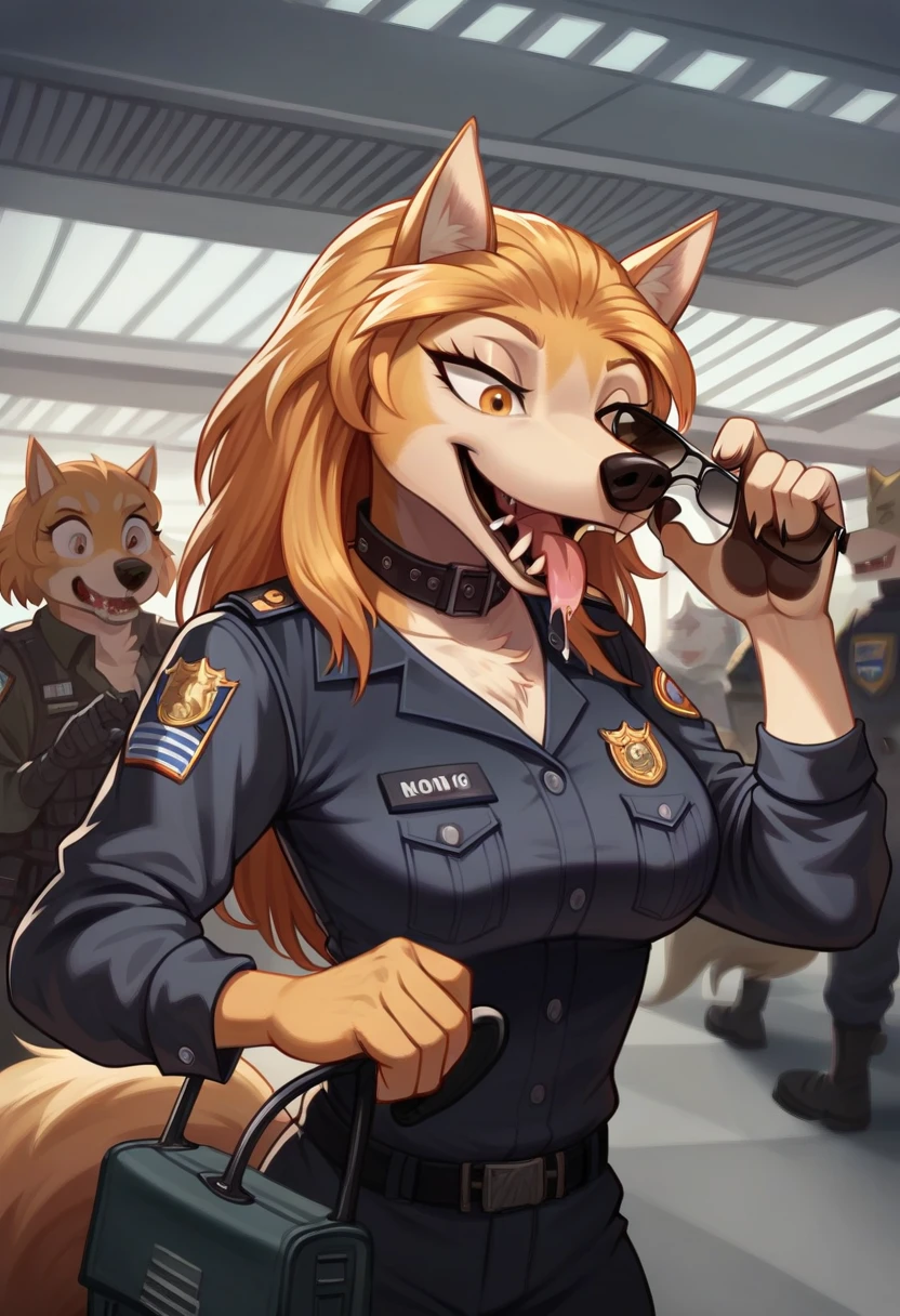 Open Mouth, Accurate, Long Hair, Breasts, Wolf Ears, Tongue, Smile, Sunglasses, dark armoured tactical police anthro uniform, dark leather collar with a badge, sniffling luggage, airport terminal, drooling with the tongue,