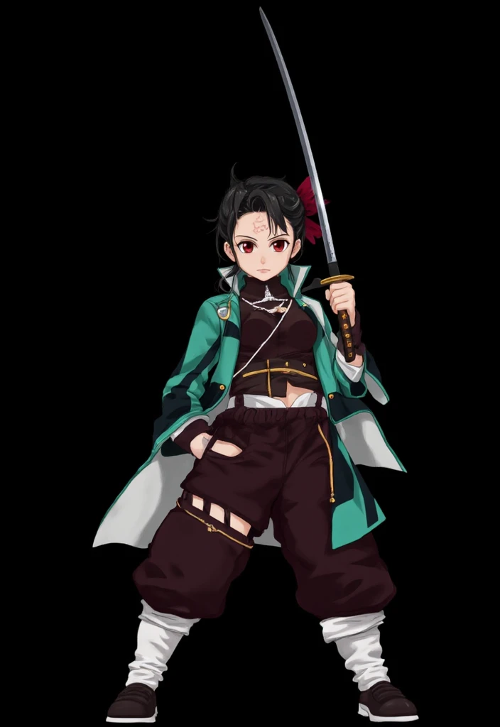 imagen realista.a close up of a teenage girl holding a katana,  A portrait of a character inspired by Kamisaka Sekka , shutterstock, what is?, Demon Hunters art style,  fanart by Rui from Demon Slayer , Kimetsu no yaiba,   handsome boy with demon hunter art  , Tanjiro Kamado, Mushoku tensei, Also, official character art, red eyes,  scar on forehead . ropa Tanjiro Kamado demon slayer,hair in peaks 