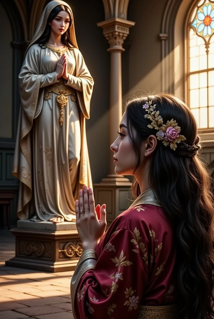  woman praying in front of a statue of a convent 、See the Statue of the Goddess 、 Stained Glass、(Best Quality、4K、8k、 high resolution、masterpiece:1.2)、Super detailed、(Real、 photorealistic 、 photorealistic :1.37)、HDR、UHD、 studio lighting in the studio、Ultra High Definition Painting、 sharp focus、 physical based rendering、 Extremely Detailed Description 、 professional 、 bright color、Bokeh、Complex architecture、 Ornate Decor 、 Dramatic Lighting 、 Peaceful Atmosphere 、religious iconography 、 ornate robe 、Flowing clothing、Reverent look、 hands crossed to offer prayer、 sunlight shining through a window 、 dust particles in the air 、Calm colors、Medieval aesthetics、religious devotion 、