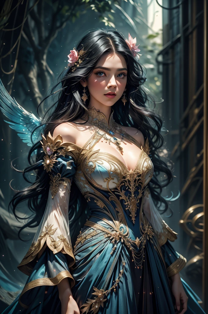  Create an image of a young woman with long, wavy, pinkish hair, fair skin, and bright blue eyes that seem to catch the light. She is wearing an exotic, stunning gown that blends a deep, dark blue with shimmering gold details. The gown features a structured, form-fitting bodice adorned with intricate embroidery of mystical patterns and natural elements such as flowers and stars. The sleeves are long and flowing, fluttering like wings, and around her neck, a teardrop-shaped gemstone necklace glows softly. The scene is set in a magical moonlit forest, with floating specks of light and a soft mist adding an ethereal touch. The woman’s expression is confident and regal, reflecting power and grace, while the cinematic composition highlights her enchanting presence against the surrounding scenery., Serene, Beatnik, graffitti, DSLR, Simulation, Flat, figurine, hue colors, Vintage Retro, laser lighting, Hyperrealistic textures, intricate details, architectural visualization, Corona render, 8k