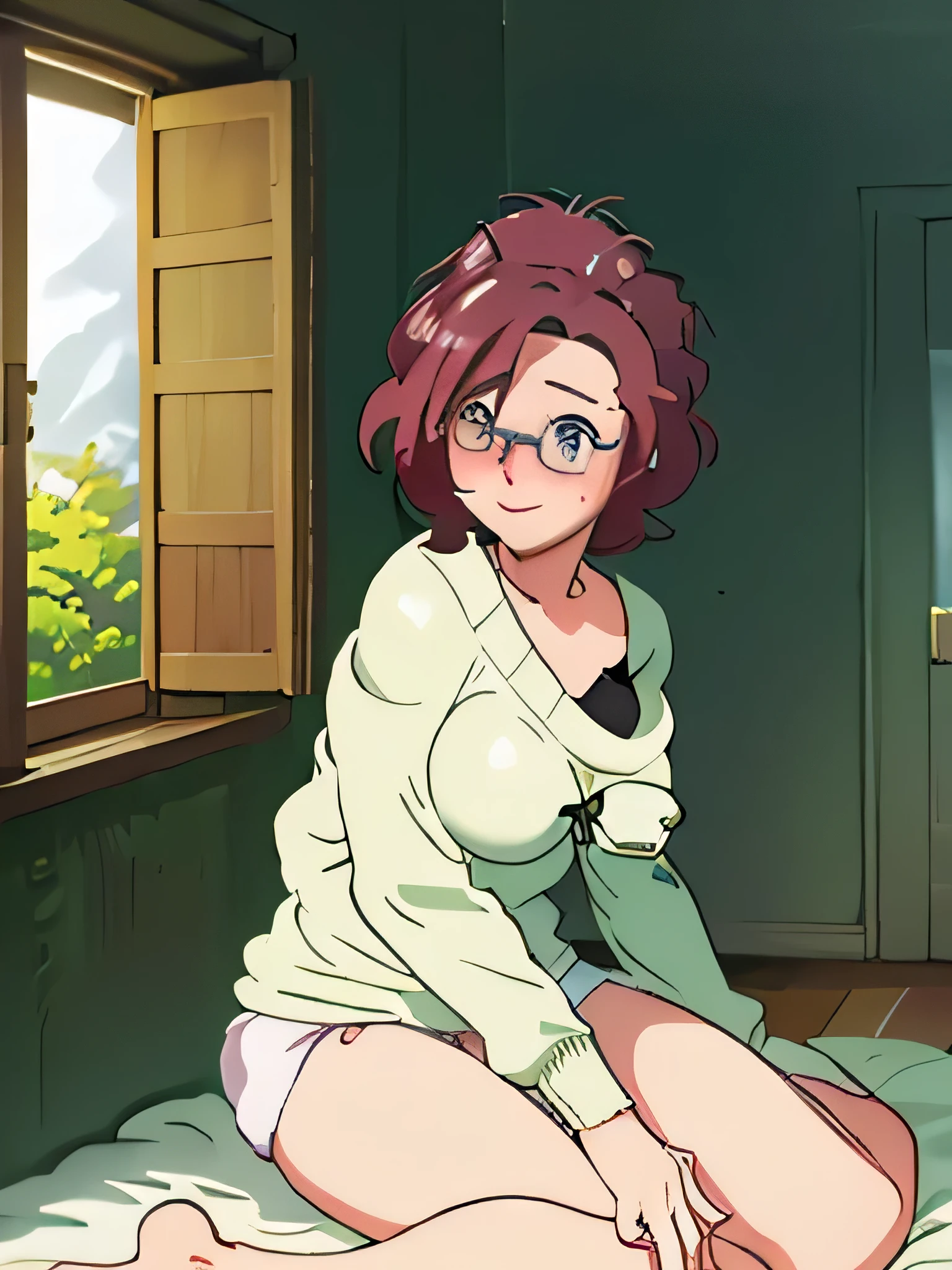 grace_(pokemon), mature woman, (1girl, solo:1.2), (masterpiece:1.0), (high resolution), large breasts, glasses, sitting on bed, open window background, removing sweater, take your clothes off, white panties, blush, eye wrinkle, smile, looking at viewer