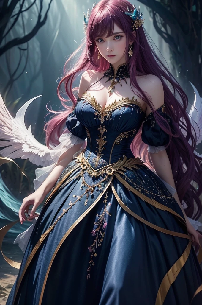 Create an image of a young woman with long, wavy, pink hair, fair skin, and bright blue eyes that seem to catch the light. She is wearing an exotic, stunning gown that blends a deep, dark blue with shimmering gold details. The gown features a structured, form-fitting bodice adorned with intricate embroidery of mystical patterns and natural elements such as flowers and stars. The sleeves are long and flowing, fluttering like wings, and around her neck, a teardrop-shaped gemstone necklace glows softly. The scene is set in a magical moonlit forest, with floating specks of light and a soft mist adding an ethereal touch. The woman’s expression is confident and regal, reflecting power and grace, while the cinematic composition highlights her enchanting presence against the surrounding scenery., somber, Danish Pastel, Frogcore, upper body shot, Simulation, Motion blur, Tapestry, blotchy colors, Vintage Retro, volumetric lighting, 8K