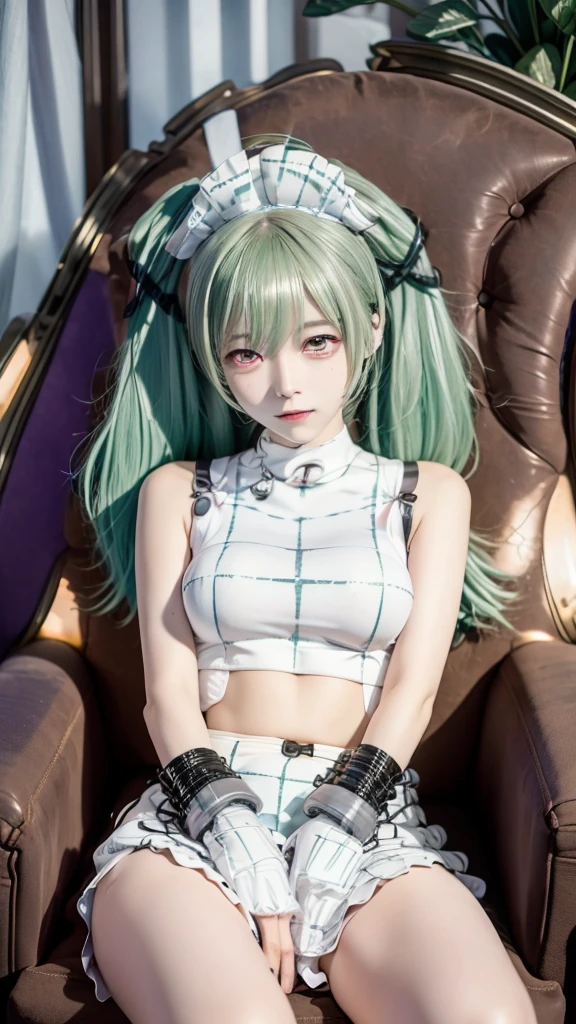  upper body,Colin, 1 girl,Alone,Chibi,Very young,Short neck, small breasts, purple eyes,( charming smile in a crowd:0.8),  twin tails, Maid, green hair ,handcuffs, White Panties ,masterpiece, noise reduction, perfect anatomy, high resolution, Super detailed, Super detailed face,Game CG, Dutch angle , beautiful meticulous eye sitting on a spaceship chair, visual art , five fingers, Perfect hands,  Full Photo, Sparkling Eyes,Naked Tappard 