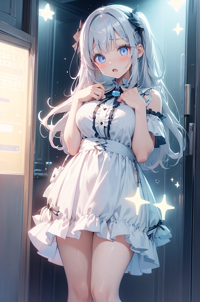 One girl with long wavy hair, white hair, looking at viewer, embarrassed, blushing, tears, indoor, greek dress, naked, stomach, medium breasts, breasts, midriff, thigh, perfect waist, noon atmosphere, hair ornament, standing, (embarrassed:1.0)