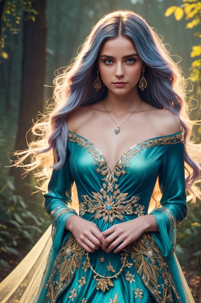 Create an image of a young woman with long, wavy, silver hair, fair skin, and bright blue eyes that seem to catch the light. She is wearing an exotic, stunning gown that blends a deep, dark yellow with shimmering gold accents. The gown features a structured, fitted bodice adorned with intricate embroidery of mystical patterns and natural elements, such as flowers and stars. The sleeves are long and flowing, fluttering like wings, and around her neck, a teardrop-shaped gemstone necklace glows softly. The scene is set in a magical, moonlit forest, with floating specks of light and soft mist adding an ethereal touch. The woman's expression is confident and majestic, reflecting power and grace, while the cinematic composition highlights her enchanting presence against the surrounding scenery., Sublime, Arcade, Goblin Academia, Polaroid, Octane render, High contrast, Tapestry, Plum colors, Health Goth, Sunrise lighting, Hyper-realistic intricate details, Finely detailed, Car interior design, Octane render, 8k