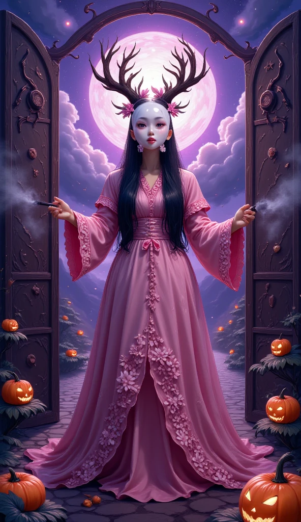  Ancient Chinese palace gate slightly opened ， The purple black light spills out like smoke ， Beautiful Magical Witch Halloween Dress ， exquisite face close-up ， The camera focuses on the moment the mysterious wizard turns around ，Pink purple wizard robe ， Mysterious national style runes and star patterns ，Wide cuffs， holding a white wu-chang mask in one hand and preparing to wear it on top of his head， Purple Lightning shines through her eyes ，The corners of the mouth slightly raised， Mysterious and magical atmosphere ， Strong magical atmosphere ， Magic Wand， catwalk scene texture ， pumpkin lights flashing dark purple light ，net， The stage effects are shocking ，Stunning light and shadow effects，Film Photography，Close-up photo，Close shot，Depth of Field， Ultra HD，Extreme details，Visual blockbuster