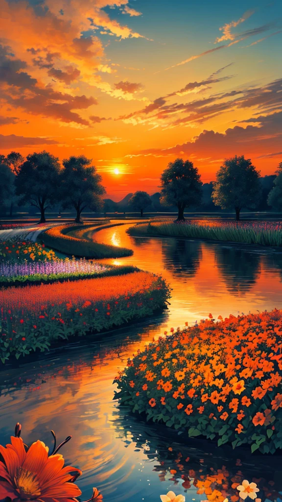 masterpiece,gorgeous, the gorgeous sunset in a garden, flowres, water, landscape, beautiful clouds, orange, orange atmosphere, amazing sky, stunning view, an artistic painting, no human,no people