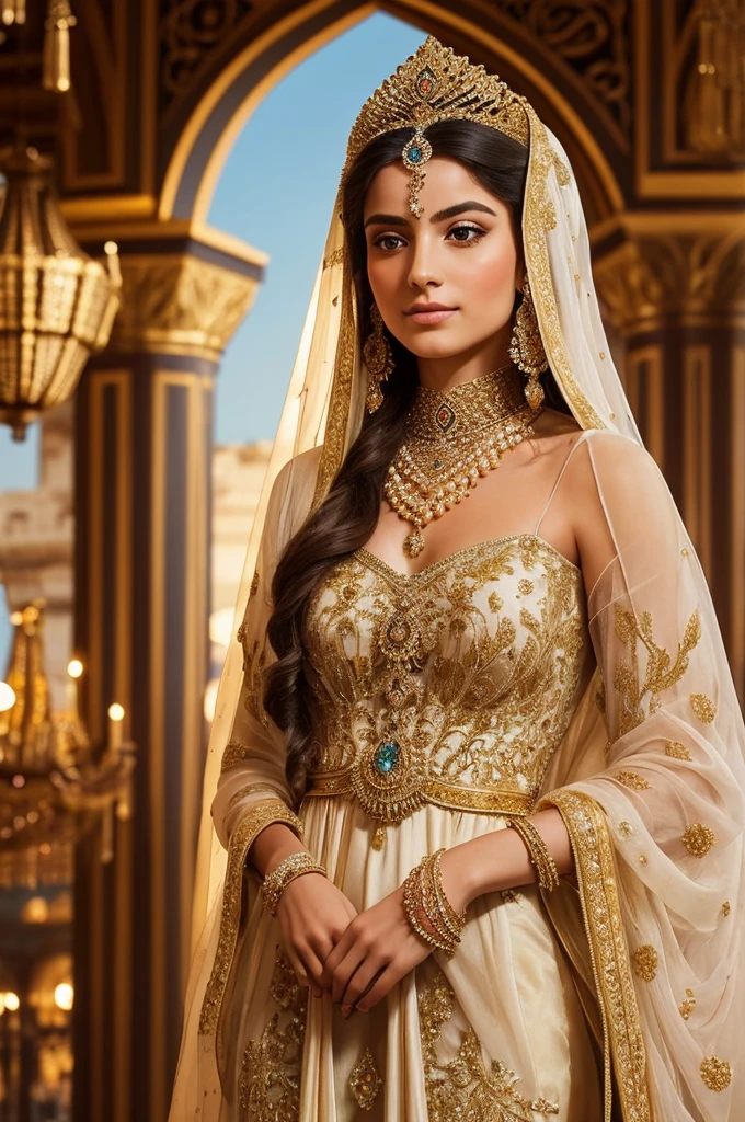 Create an image of a young Persian princess with long,large breats wavy orange hair, fair skin, and bright blue eyes that radiate wisdom. She wears a magnificent Persian gown in a deep shade of white, adorned with elaborate gold embroidery depicting traditional patterns and symbols of royalty. The gown is flowing and long, with wide, flowing sleeves that flare out at the ends, creating a graceful and regal silhouette. Around her neck, a necklace of pearls and precious stones shimmers in the light, while a delicate tiara, adorned with sparkling gems, rests on her head. The scene is set in an opulent palace, with elegant arches and rich tapestries in the background, illuminated by floating lanterns that emit a soft, warm light. The princess's expression is serene and confident, reflecting her strength and dignity, while the cinematic composition highlights her enchanting presence and the richness of the environment around her., Vibrant, Classicism, Futago, wide-angle, Game engine rendering, Depth of field, Collage, clean colors, Hauntology, laser lighting, 8K