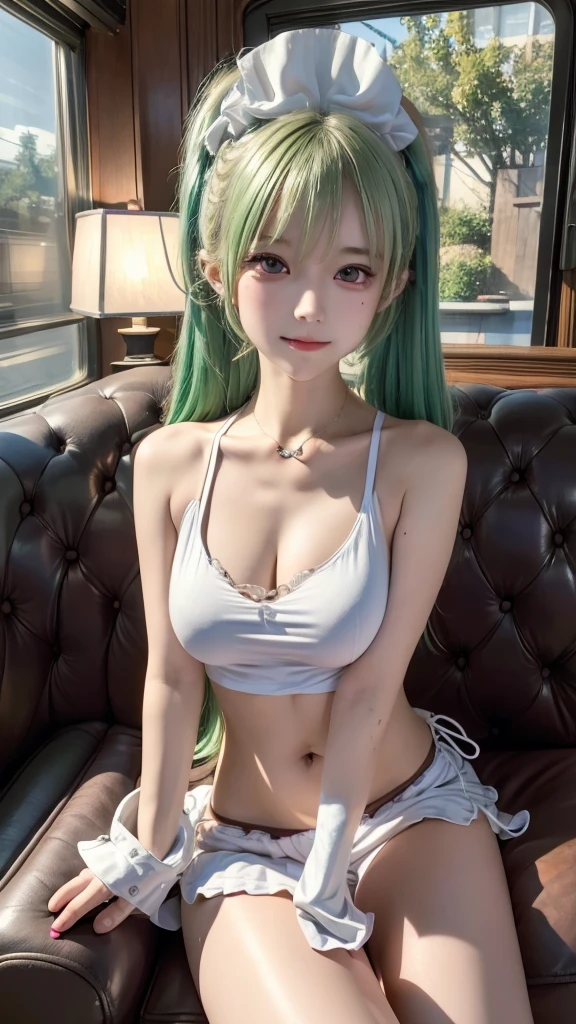  upper body,Colin, 1 girl,Alone,Chibi,Very young,Short neck, small breasts, purple eyes,( charming smile in a crowd:0.8),  twin tails, Maid, green hair ,handcuffs, White Panties ,masterpiece, noise reduction, perfect anatomy, high resolution, Super detailed, Super detailed face,Game CG, Dutch angle , beautiful meticulous eye sitting on a spaceship chair, visual art , five fingers, Perfect hands,  Full Photo, Sparkling Eyes,Naked Tappard 