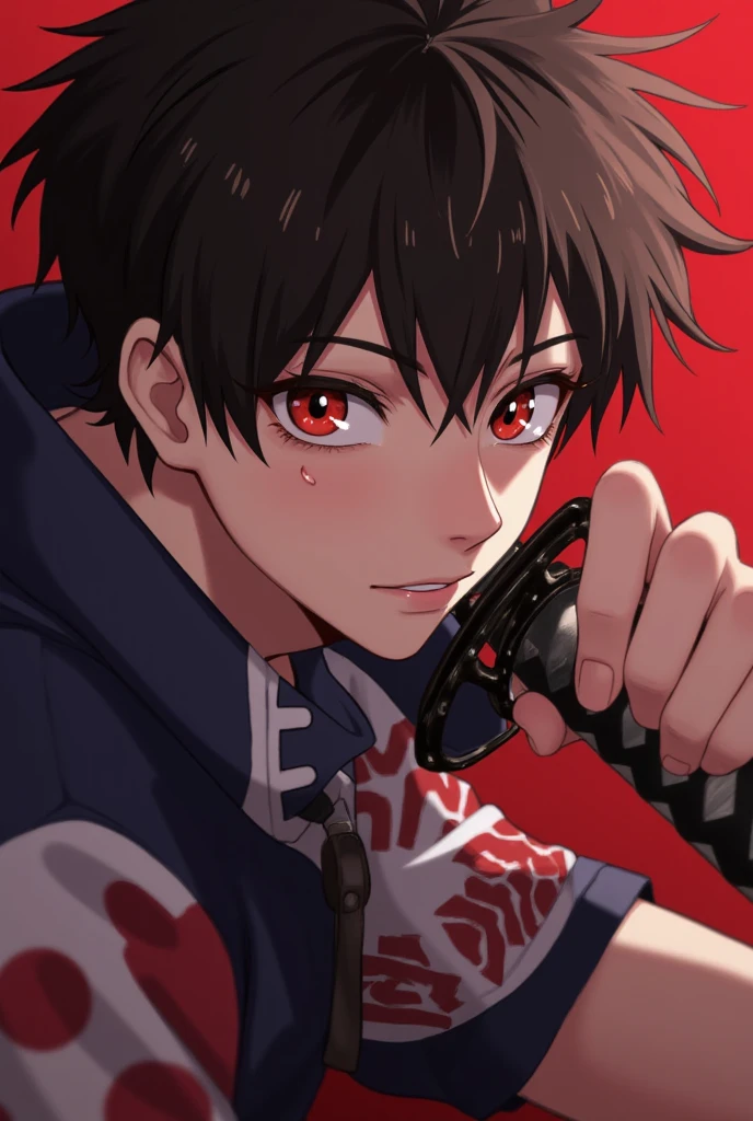 realistic character .a close up of a teenager with very big red eyes holding a katana,  short punk hair in spikes, A portrait of a character inspired by Kamisaka Sekka , shutterstock, what is?, Demon Hunters art style,, Kimetsu no yaiba,   handsome boy with demon hunter art  , Tanjiro Kamado, Mushoku tensei, . ropa Tanjiro Kamado demon slayer, short hair in peaks without hair in front ,showing scar .