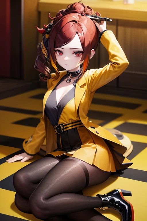 red hair and blue eyes, wearing black choker with yellow piece, yellow shirt, black and orange jacket, white skirt, and brown boots with white sole