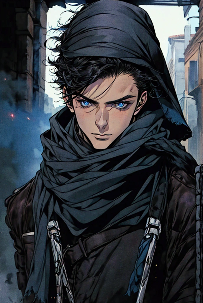 The 25-year-old man, with short black hair, blue eyes, wore a black veil, had a black scarf and looked cool.