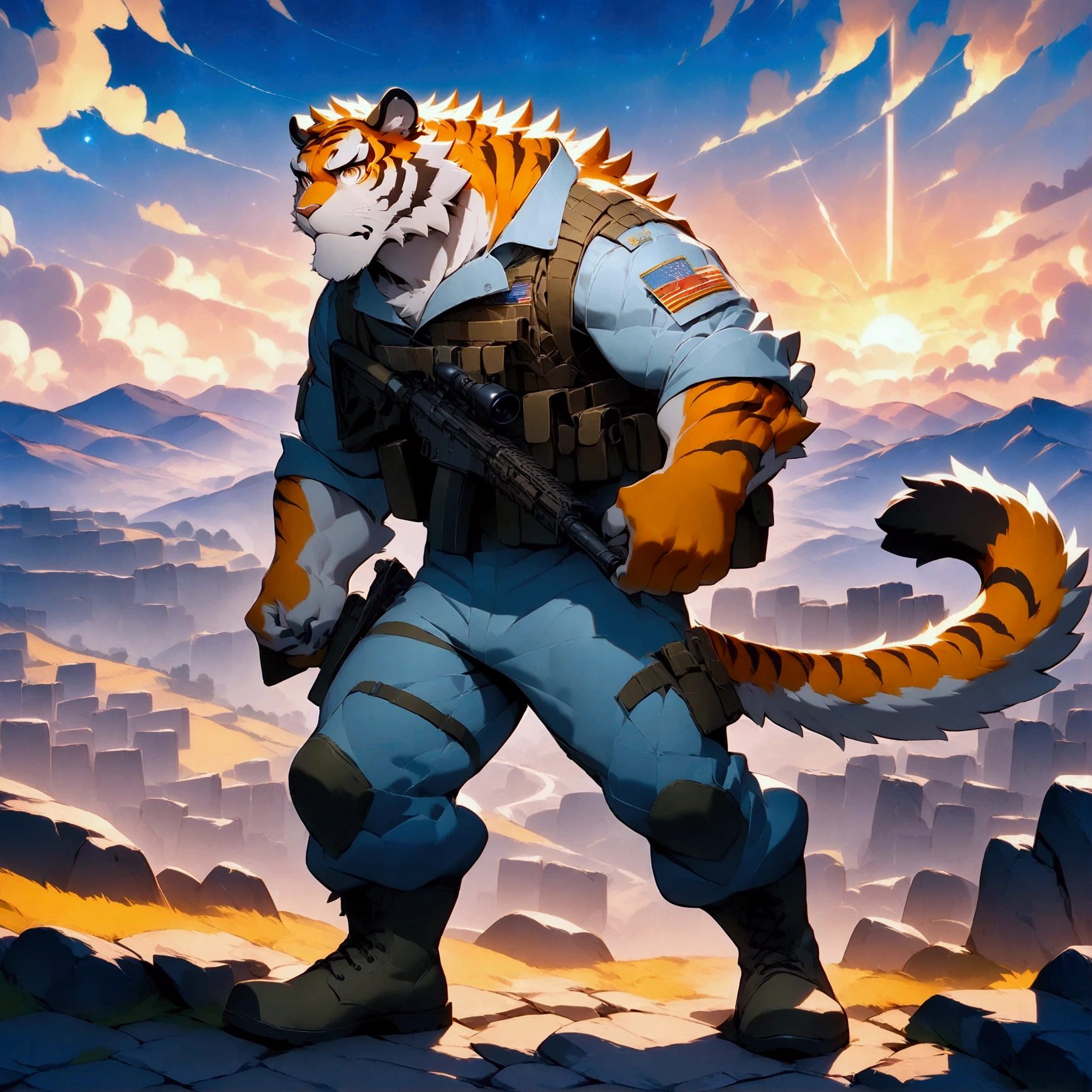 character focus, full body, looking away, dynamic angle, military, sergeant, plump middle-aged tiger man, set up assault rifle, costume clothes, jacket, shirt, pants, boots standing, fighting, BREAK full body in Michelangelo Buonarroti style, housamo style, digital illustration anime, detailed painting landscape, battlefield, outdoor, full color, HDR, BREAK complete anatomy, perfect proportions, beautiful thigh gap, fluffy body, intricate fur details, beautiful fur texture, BREAK a detailed tiger 1tail, detailed toe, 5toes, 5toes nails, detailed foot, detailed hands, 5fingers, 5fingers nails, BREAK aesthetic anime face, insanity detailed face, male face, big face, square jawline, aesthetic anime eyes, detailed brown eyes, detailed brown cornea, detailed dark brown irises, detailed pupils, male eyes, big eyes, male eyebrows, innocent look, beautiful beard, BREAK masterpiece, official art, best quality, very aesthetic, absurdres, super fine illustration, great quality, BREAK noise reduction, very highres, large filesize, high quality, 32K, 8k wallpaper, dynamic lighting, BREAK insanity detailed, ultra detailed, intricate details, extremely detailed, detailed texture, an extremely delicate and beautiful, BREAK e621 illustration, osukemo, kemohomo, anthropomorphic, furry, cartoon, harmonious, pastoral face, virtuous eyes, military atmosphere