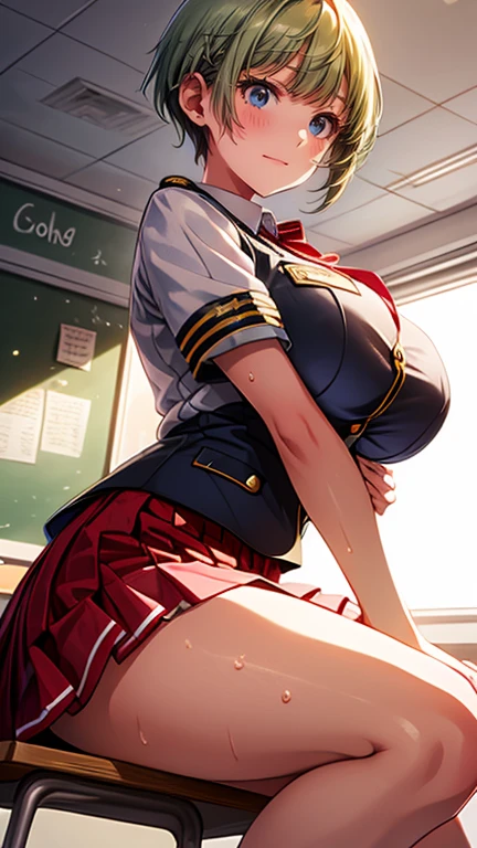 Best Quality,masterpiece,8k, 1 girl,(((((()))))),((Big Breasts:1.3)),smile,, sweat, beautiful, shiny green hair , short hair,((uniform)), white shirt, red miniskirt, Raise Skirt ,Upskirt, White Panties , white thigh ,classroom