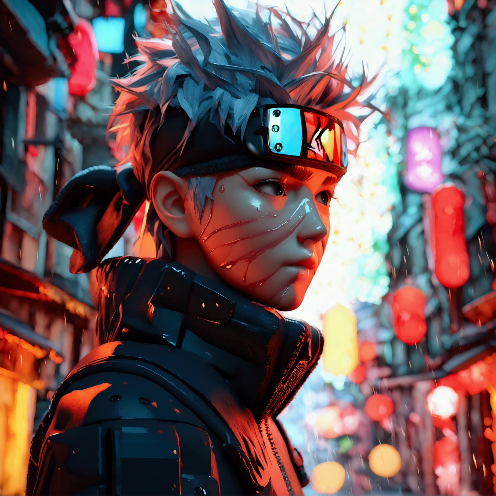 Anime of (Hatake Kakashi) a serious mood, background is a high tech anime city, A digital illustration of anime style, digital Mystery paintings , soft Other tones, Feels like Other, Glossy highlights that look like wet, luminism, 3d render, octane render, Isometric, three dimensional effect, enhanced beauty, best quality, sharp focus