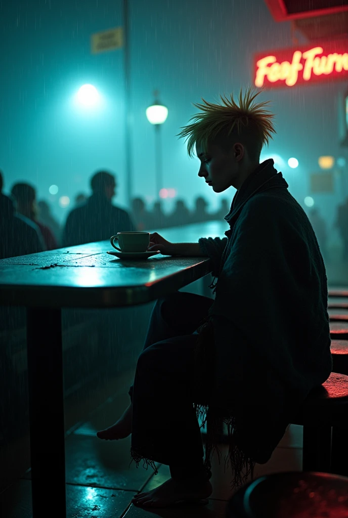 a lone, fiercely thin nordic woman with spikey blonde asymmetrical pixie-cut hair shaved on one side sits at the end of a dimly lit diner counter, her wild blonde hair damp from the rain. She wears an ragged blanket about her shoulders. Remnants of discarded clothing cover her bare feet. A flickering neon sign casts a soft, blue glow onto the cracked vinyl stools. She stares at a cup of coffee in front of her, as if contemplating its strange bitterness. Outside, the rain blurs streetlights, and the sound of distant thunder adds a quiet tension. The camera shoots from a slightly off-center angle, leaving part of the frame intentionally empty, adding to the feeling of isolation.