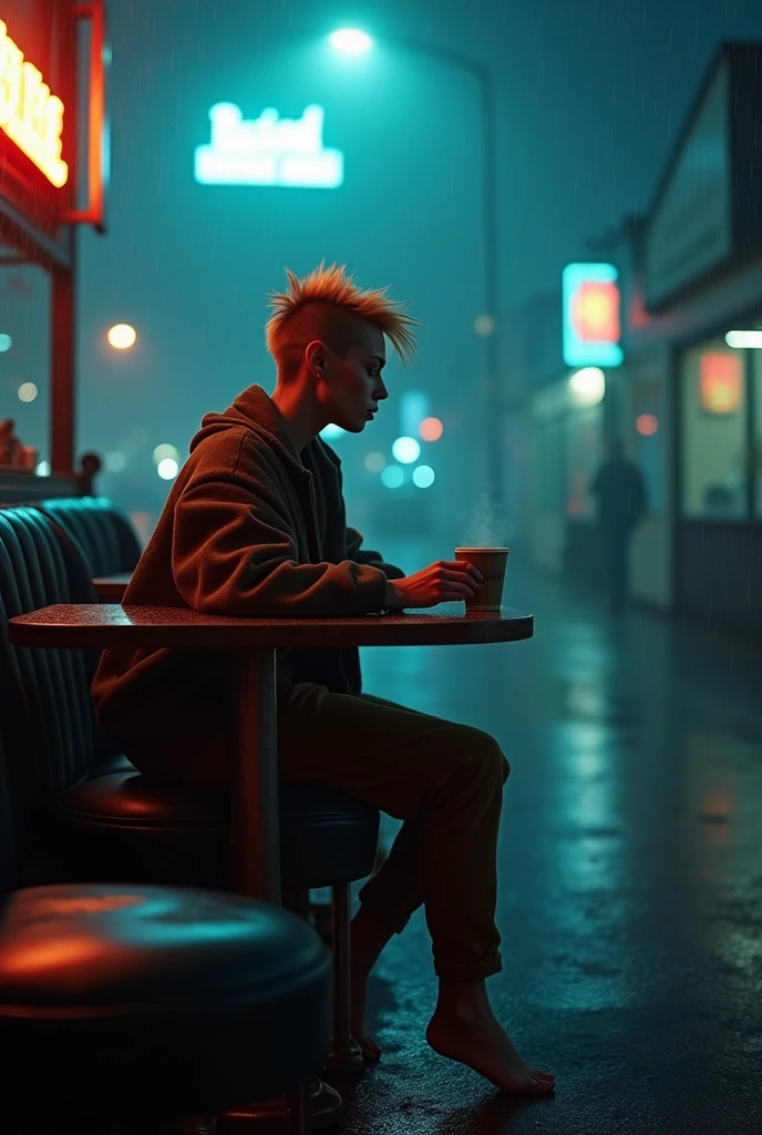 a lone, fiercely thin nordic woman with spikey blonde asymmetrical pixie-cut hair shaved on one side sits at the end of a dimly lit diner counter, her wild blonde hair damp from the rain. She wears an ragged blanket about her shoulders. Remnants of discarded clothing cover her bare feet. A flickering neon sign casts a soft, blue glow onto the cracked vinyl stools. She stares at a cup of coffee in front of her, as if contemplating its strange bitterness. Outside, the rain blurs streetlights, and the sound of distant thunder adds a quiet tension. The camera shoots from a slightly off-center angle, leaving part of the frame intentionally empty, adding to the feeling of isolation.