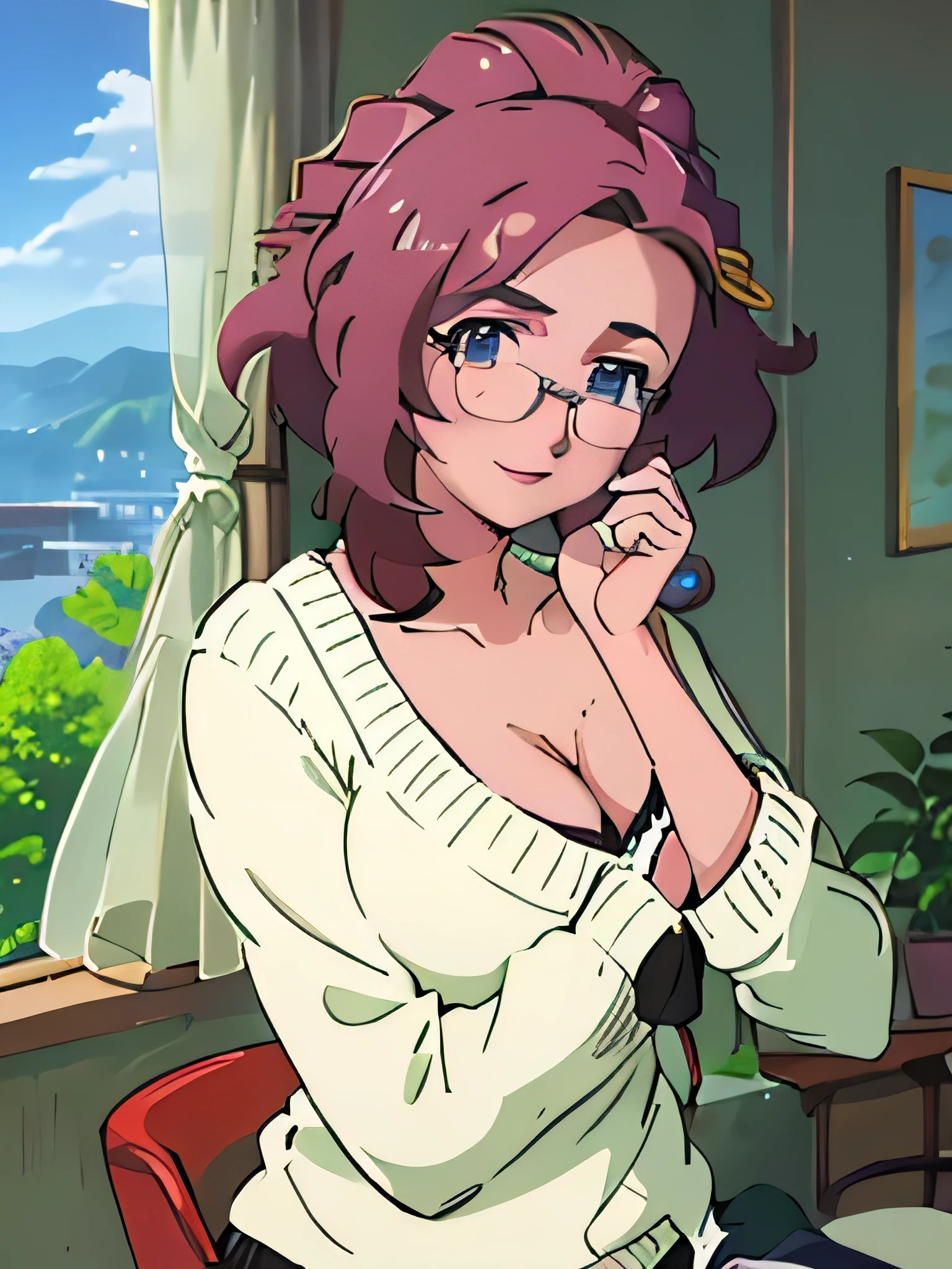 grace_(pokemon), mature woman, (1girl, solo:1.2), (masterpiece:1.0), (high resolution), (correct hands),  large breasts, sagging breasts, no bra, glasses, sitting on bed, open window background, removing sweater, take your clothes off, white panties, cleavage, blush, eye wrinkle, looking at viewer, sly smile