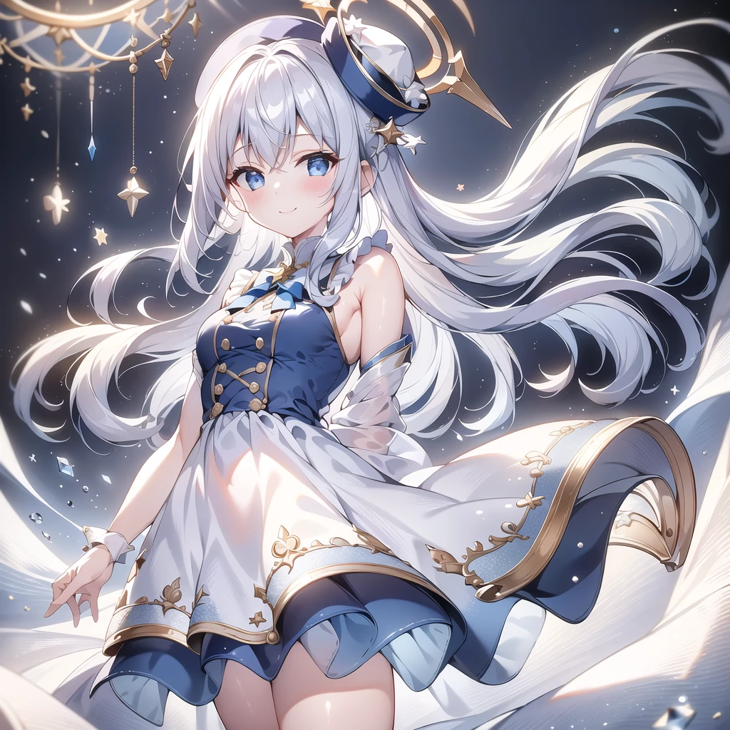 1girl,Handsome face、 best detail 、Baby Face、 absurd、Mysterious、((( perfect anatomy、The best composition、Best Quality,Masterpiece, HHD、8K Official Wallpaper , Super detailed、3Ⅾ))),Thin Line Hair 、Milky white hair color、 high definition、 absurdな, lens flare ,(White Theme:1.1),(Halftone:1.2), Dynamic Angle, depth of field , (White background:1.2), (Broken Clear Glass :1.1), Glass Flag ,Transparent Quartz,gothic,  BREAK Details Beautiful Girl ,Cute,(smile:1.1),Silky Hair,blue eyes, flat chest, upper body, Face Focus , watching viewers ,(dowl hunting casket hat:1.1),Ribbon trim,( Blue Frilled Dress :1.2),Floating Hair,universe、star、流star群、Aurora、diamond、Simple Background、 chr457m45m3rg3d0nmn3m1c neon symmetry!! Halo 2 、fanxing、