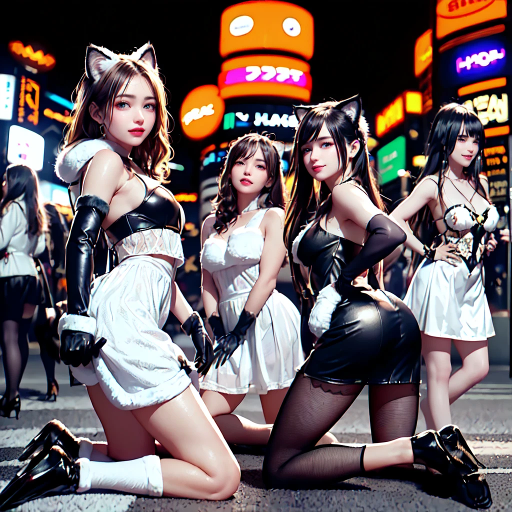 masterpiece, top-quality, top-quality, Beautiful aesthetic sense :1.2, ((Three Girls)),  Halloween Night, 
(( The girl in the middle is wearing a high quality black cat costume made of fur , Cat gloves, Fur mini skirt):1.2), Advanced Details, 
(( The girl on the left is wearing a high quality red cat costume made of fur , Cat gloves, Fur mini skirt):1.2), Advanced Details, 
(( The girl on the right is wearing a high quality blue cat costume made of fur , Cat gloves, Fur mini skirt):1.2), Advanced Details, 
(Three Girlsが整列して並んでいます:1.3), Large Breasts, Hard chest, Shapely breasts,  slendegre at the grocery store, 
((Dark brown hair)),  wavy hair in front of the station, (Medium-length hair:1.2), 
((Late Night、 In the middle of Shibuya Scramble Crossing which is bustling with Halloween decorations:1.2)), ((  dancing for the three girls  )), (  Full Body Shot  :1.1), (from side:1.3), ( watching viewers ), movie poster , Magazine Cover, Poster Art