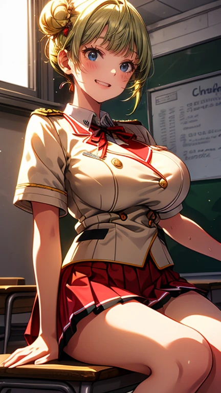 Best Quality,masterpiece,8k, 1 girl,(((((()))))),((Big Breasts:1.3)),smile,, sweat, beautiful, shiny green hair , short hair, bun hair, ((uniform)), white shirt, red miniskirt, Raise Skirt ,Upskirt, White Panties , white thigh ,classroom