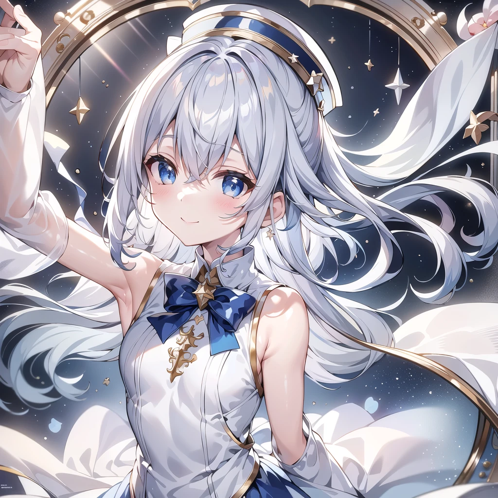 1girl,Handsome face、 best detail 、Baby Face、 absurd、Mysterious、((( perfect anatomy、The best composition、Best Quality,Masterpiece, HHD、8K Official Wallpaper , Super detailed、3Ⅾ))),Thin Line Hair 、Milky white hair color、 high definition、 absurdな, lens flare ,(White Theme:1.1),(Halftone:1.2), Dynamic Angle, depth of field , (White background:1.2), (Broken Clear Glass :1.1), Glass Flag ,Transparent Quartz,gothic,  BREAK Details Beautiful Girl ,Cute,(smile:1.1),Silky Hair,blue eyes, flat chest, upper body, Face Focus , watching viewers ,(dowl hunting casket hat:1.1),Ribbon trim,( Blue Frilled Dress :1.2),Floating Hair,universe、star、流star群、Aurora、diamond、Simple Background、 chr457m45m3rg3d0nmn3m1c neon symmetry!! Halo 2 、fanxing、sailor's sailor uniform、