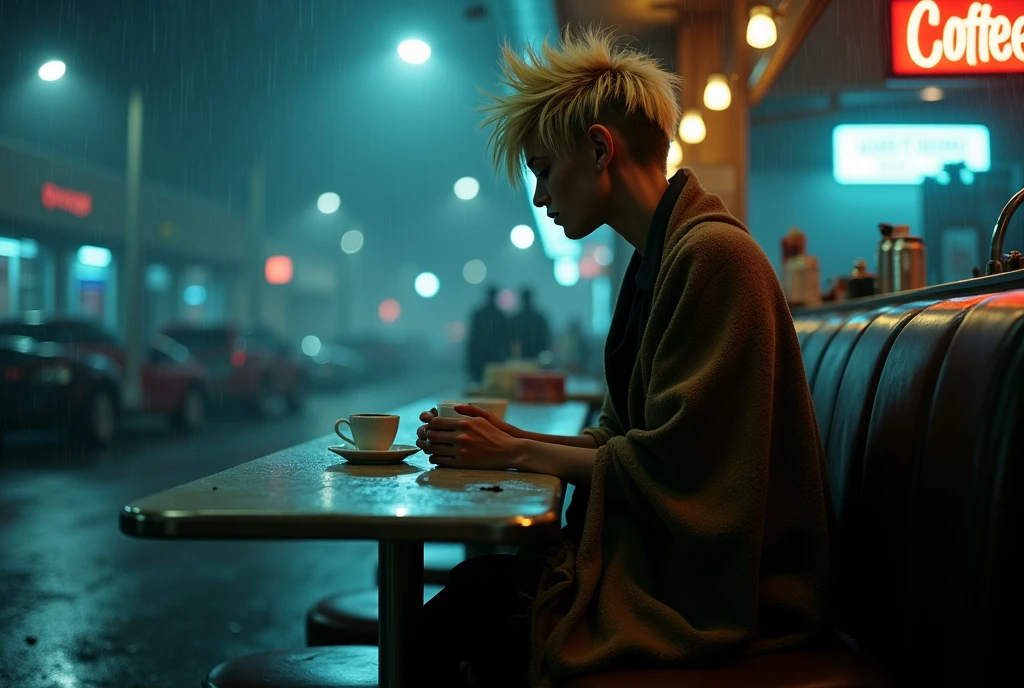 a lone, fiercely thin nordic woman with spikey blonde asymmetrical pixie-cut hair shaved on one side sits at the end of a dimly lit diner counter, her wild blonde hair damp from the rain. She wears an ragged blanket about her shoulders. Remnants of discarded clothing cover her bare feet. A flickering neon sign casts a soft, blue glow onto the cracked vinyl stools. She stares at a cup of coffee in front of her, as if contemplating its strange bitterness. Outside, the rain blurs streetlights, and the sound of distant thunder adds a quiet tension. The camera shoots from a slightly off-center angle, leaving part of the frame intentionally empty, adding to the feeling of isolation. In the style of Gordon Willis