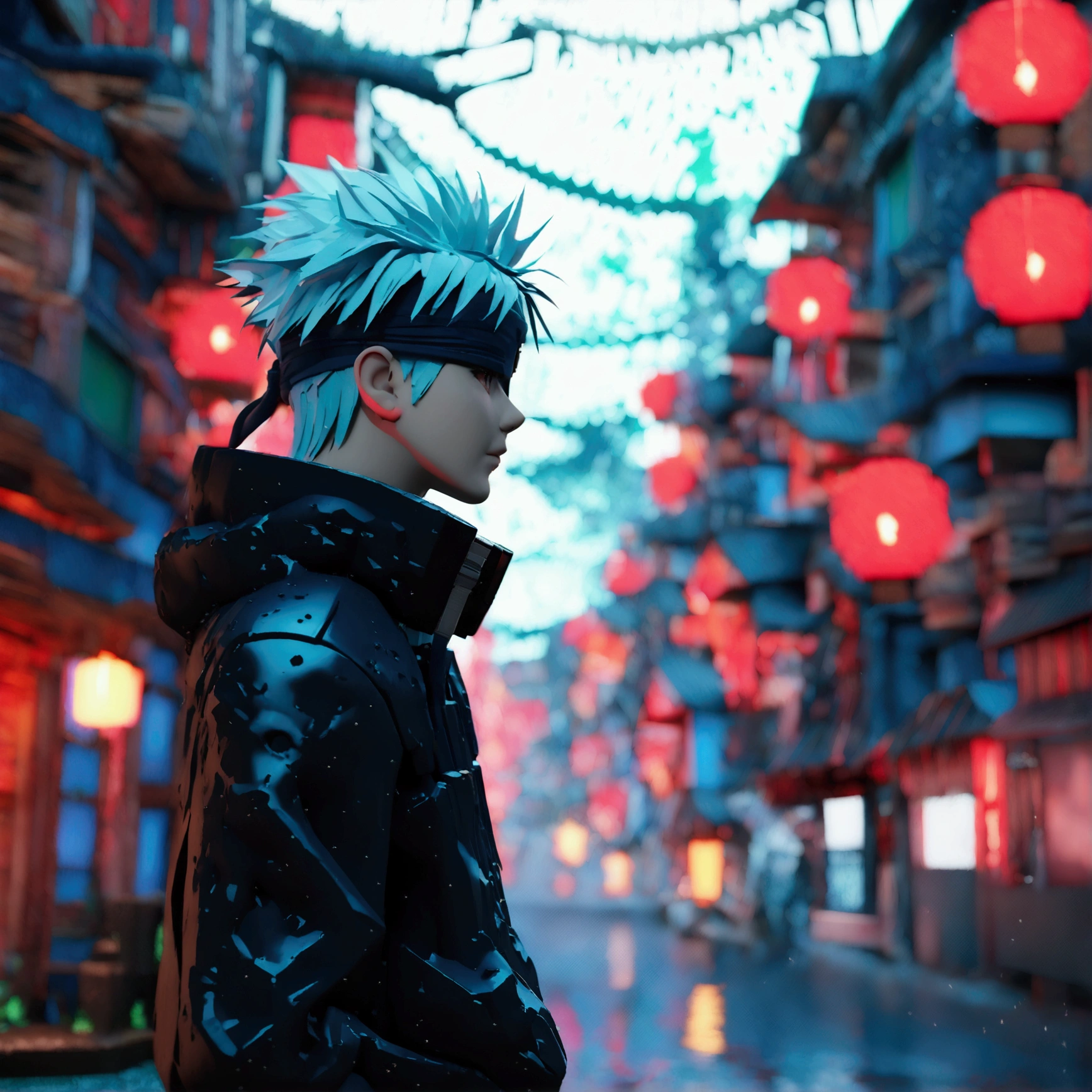 Anime of (Hatake Kakashi) a serious mood, background is a high tech anime city, A digital illustration of anime style, digital Mystery paintings, Feels like Other, luminism, 3d render, octane render, Isometric, three dimensional effect, enhanced beauty, best quality, sharp focus