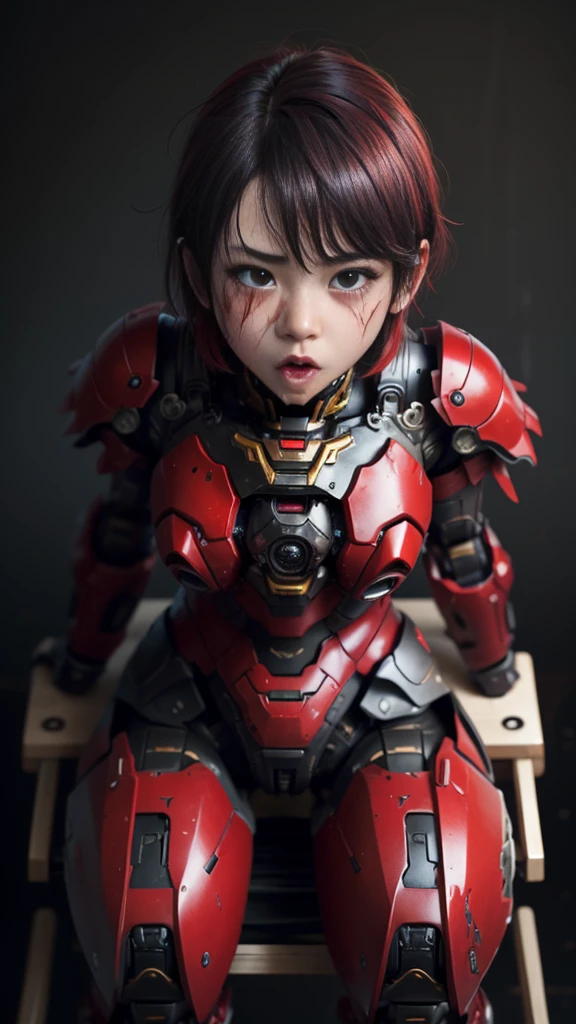 Rough skin,   very detailed ,  's Graveyard More Details  ,    high quality, 最   high quality,  Kampala , 1080P 、Bleeding from a wound 、Red Armor、Wearing red and black、cute((Severe damage to the entire body))(  wearing a damaged female robot suit...)(Red Armor)(Broken Armor)  Black Hair  、、 short hair、 Wet 、Open your mouth、Sweaty face、It hurts again、cute、、 Droolinging from the mouth、 Female Adult　　( steam coming out of the face ) ((Steam from the body))   Sitting on a Chair 　  Touching the vagina　 Drooling　 Looking up with the naked eye  　 chubby figure　suffering　