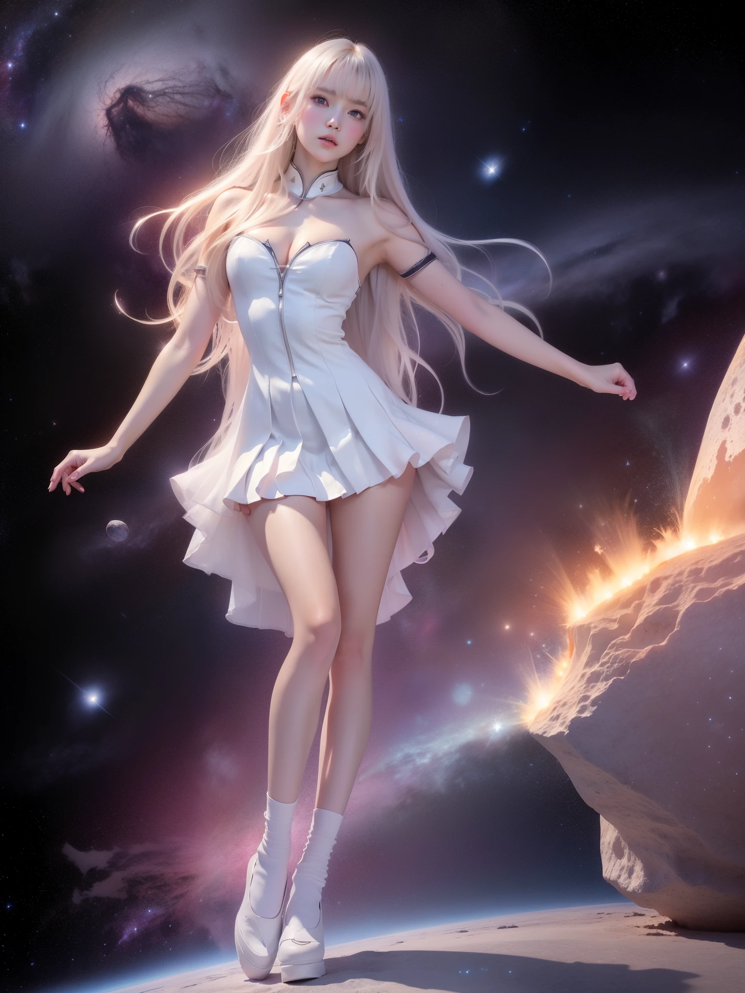 toruzu_bunko_uniform,school uniform,miniskirt,pleated skirt,white skirt, ((full body)),hyperrealistic beautiful young woman, (night scene:1.3), full body shot, sitting pose, floating on a translucent crystal platform in space, (galaxy background:1.2), (stars:1.3), nebula clouds, cosmic dust, (long slender legs:1.4), perfect body proportions, elegant posture, wearing a flowing ethereal dress, bare shoulders, (detailed skin texture:1.2), soft ambient lighting, stellar glow, perfect composition, 8k, masterpiece, (sharp focus:1.2), cinematic lighting, professional photography