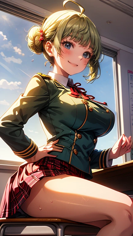 Best Quality,masterpiece,8k, 1 girl,(((((()))))),((Big Breasts:1.2)),smile,, sweat, beautiful, shiny green hair , short hair, bun hair, ((uniform)), white shirt, red miniskirt, Raise Skirt ,Upskirt,White high leg panties, white thigh ,classroom、 backshot