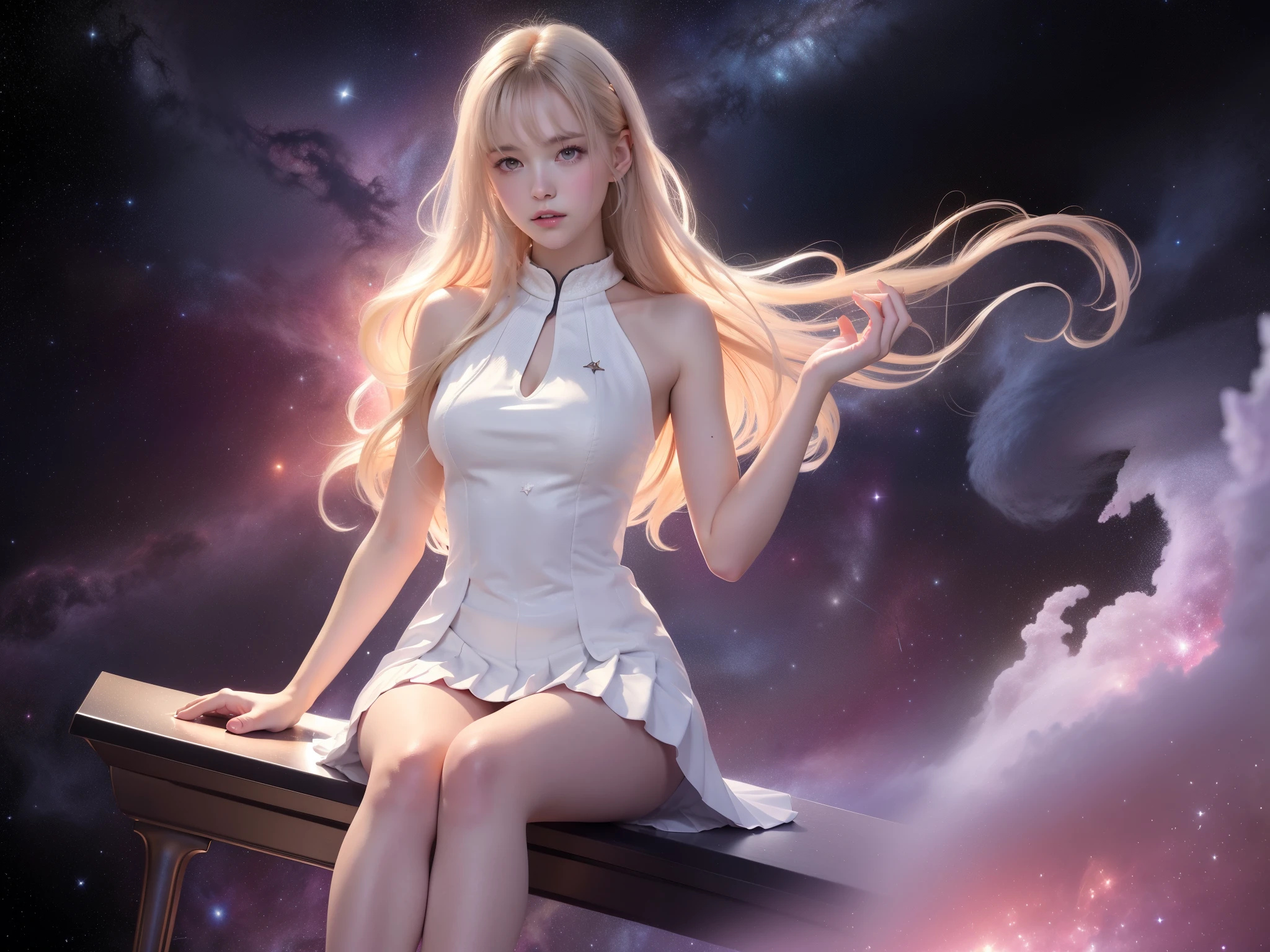 toruzu_bunko_uniform,school uniform,miniskirt,pleated skirt,white skirt, ((full body)),hyperrealistic beautiful young woman, (night scene:1.3), full body shot, sitting pose, floating on a translucent crystal platform in space, (galaxy background:1.2), (stars:1.3), nebula clouds, cosmic dust, (long slender legs:1.4), perfect body proportions, elegant posture, wearing a flowing ethereal dress, bare shoulders, (detailed skin texture:1.2), soft ambient lighting, stellar glow, perfect composition, 8k, masterpiece, (sharp focus:1.2), cinematic lighting, professional photography