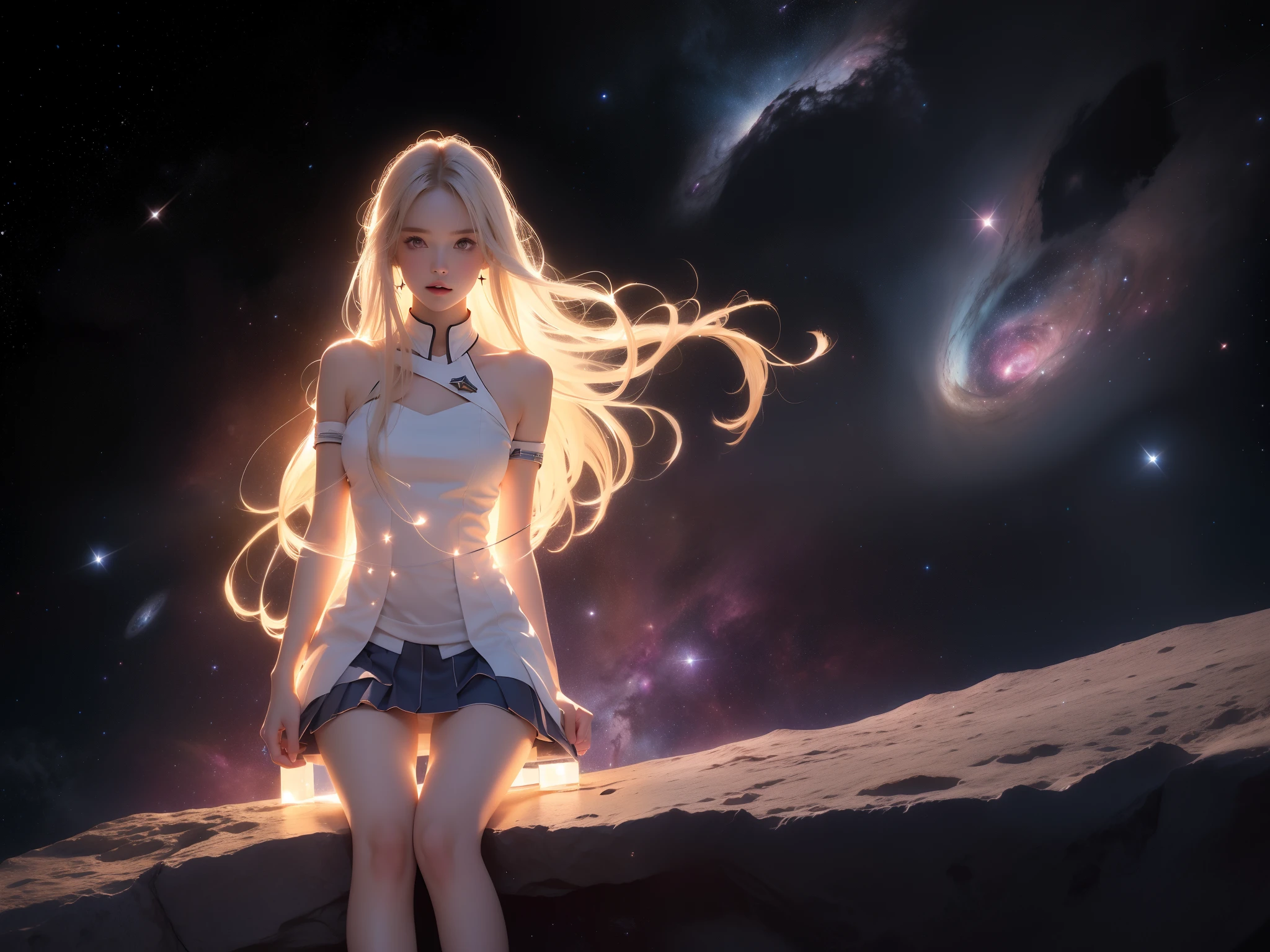 toruzu_bunko_uniform,school uniform,miniskirt,pleated skirt,white skirt, ((full body)),hyperrealistic beautiful young woman, (night scene:1.3), full body shot, sitting pose, floating on a translucent crystal platform in space, (galaxy background:1.2), (stars:1.3), nebula clouds, cosmic dust, (long slender legs:1.4), perfect body proportions, elegant posture, wearing a flowing ethereal dress, bare shoulders, (detailed skin texture:1.2), soft ambient lighting, stellar glow, perfect composition, 8k, masterpiece, (sharp focus:1.2), cinematic lighting, professional photography