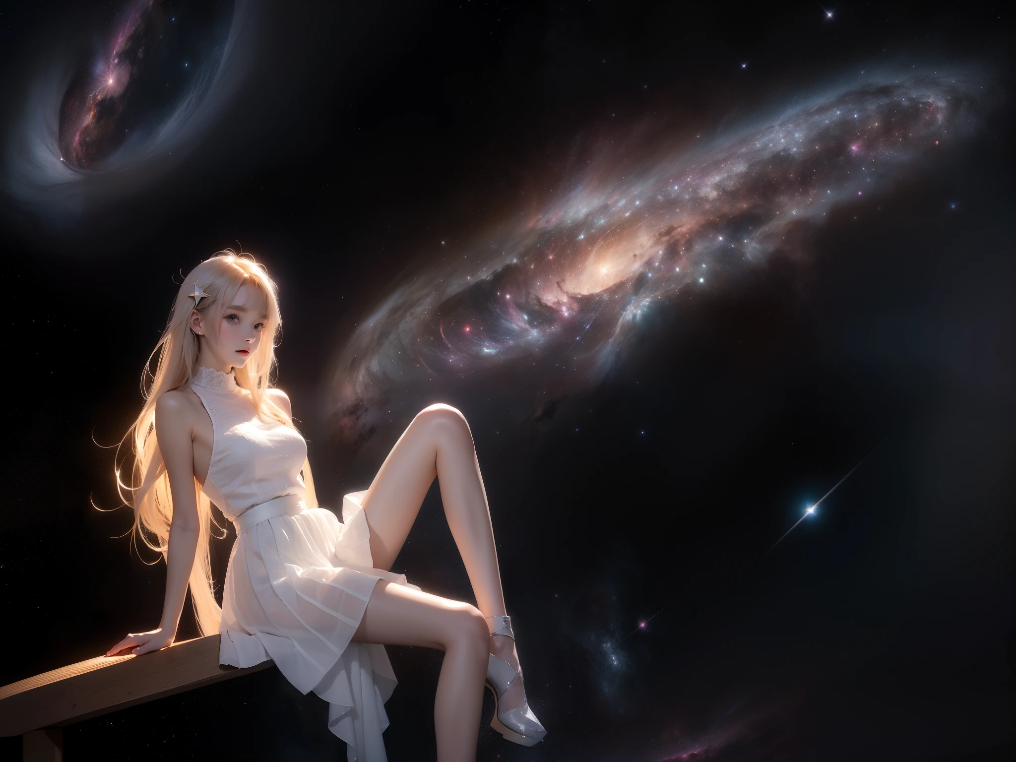 toruzu_bunko_uniform,school uniform,miniskirt,pleated skirt,white skirt, ((full body)),hyperrealistic beautiful young woman, (night scene:1.3), full body shot, sitting pose, floating on a translucent crystal platform in space, (galaxy background:1.2), (stars:1.3), nebula clouds, cosmic dust, (long slender legs:1.4), perfect body proportions, elegant posture, wearing a flowing ethereal dress, bare shoulders, (detailed skin texture:1.2), soft ambient lighting, stellar glow, perfect composition, 8k, masterpiece, (sharp focus:1.2), cinematic lighting, professional photography