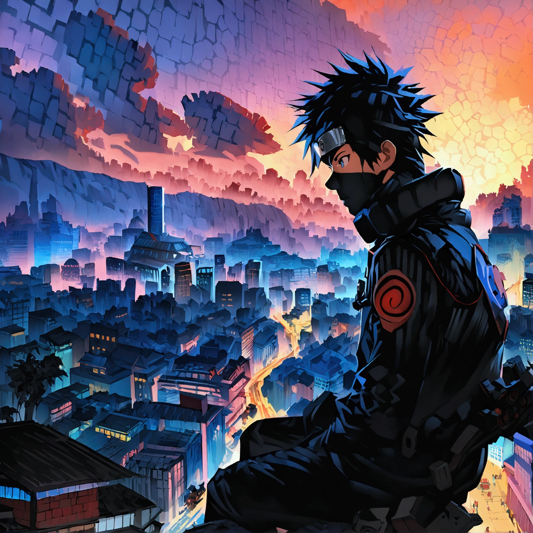 Anime of (original Hatake Kakashi) in a serious mood, background is a high tech anime city, A digital illustration of anime style, digital Mystery paintings, luminism, octane render, Isometric, best quality, sharp focus