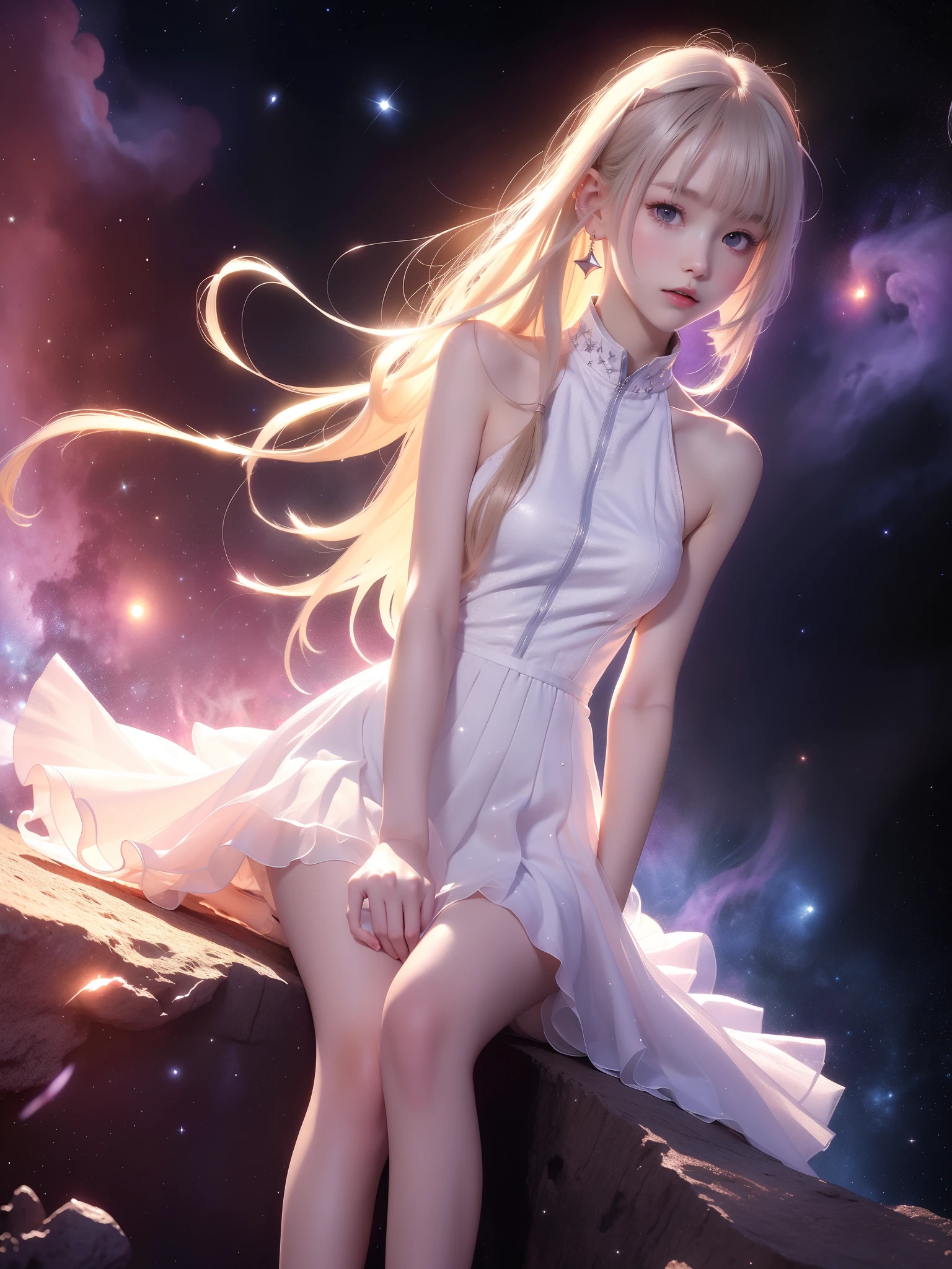 toruzu_bunko_uniform,school uniform,miniskirt,pleated skirt,white skirt, ((full body)),hyperrealistic beautiful young woman, (night scene:1.3), full body shot, sitting pose, floating on a translucent crystal platform in space, (galaxy background:1.2), (stars:1.3), nebula clouds, cosmic dust, (long slender legs:1.4), perfect body proportions, elegant posture, wearing a flowing ethereal dress, bare shoulders, (detailed skin texture:1.2), soft ambient lighting, stellar glow, perfect composition, 8k, masterpiece, (sharp focus:1.2), cinematic lighting, professional photography