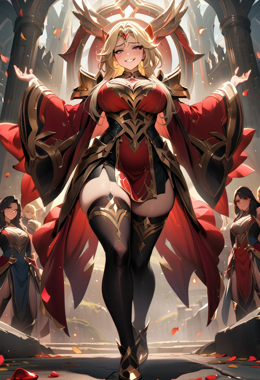 (masterpiece, highres), immortalizedahri, ahri \(league of legends\), long hair, (large breasts), thick thighs, (full body:0.6), pelvic curtain, robe, (thighhighs), white hair, blonde hair, light smile, cute smirk, looking at viewer, night, full body view, seductive eyes, sad, crying, looking at viewer, (chubby), chubby belly, fat rolls, belly hang, holding her belly, sad, crying, open mouth, screaming, castle, royal, feast