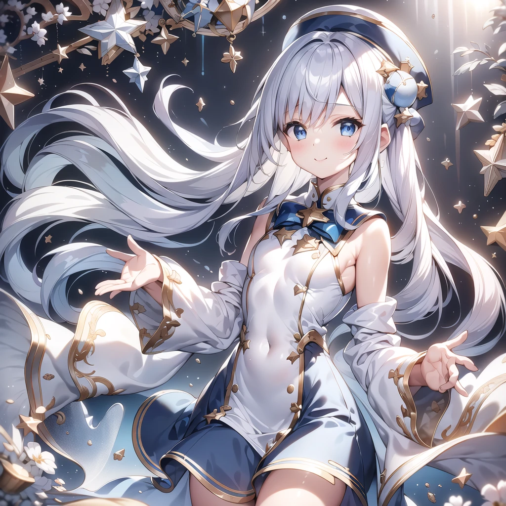 1girl,Handsome face、 best detail 、Baby Face、 absurd、Mysterious、((( perfect anatomy、The best composition、Best Quality,Masterpiece, HHD、8K Official Wallpaper , Super detailed、3Ⅾ))),Thin Line Hair 、Milky white hair color、 high definition、 absurdな, lens flare ,(White Theme:1.1),(Halftone:1.2), Dynamic Angle, depth of field , (White background:1.2), (Broken Clear Glass :1.1), Glass Flag ,Transparent Quartz,gothic,  BREAK Details Beautiful Girl ,Cute,(smile:1.1),Silky Hair,blue eyes, flat chest, upper body, Face Focus , watching viewers ,(dowl hunting casket hat:1.1),Ribbon trim,( Blue Frilled Dress :1.2),Floating Hair,universe、star、流star群、Aurora、diamond、Simple Background、 chr457m45m3rg3d0nmn3m1c neon symmetry!! Halo 2 、fanxing、sailor's sailor uniform、