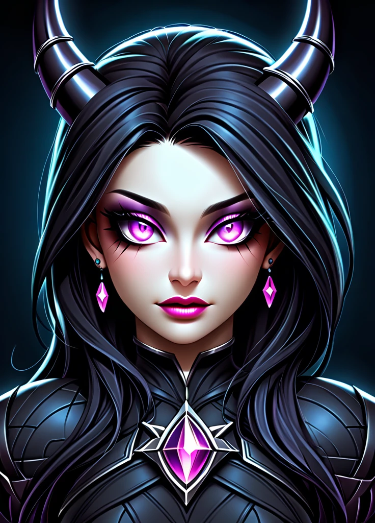 a beautiful demon girl, detailed face, piercing eyes, luscious lips, glowing crystals, dramatic lighting, cinematic, fantasy, dark, moody, vibrant colors, intricate details, photorealistic, 8k, best quality, masterpiece