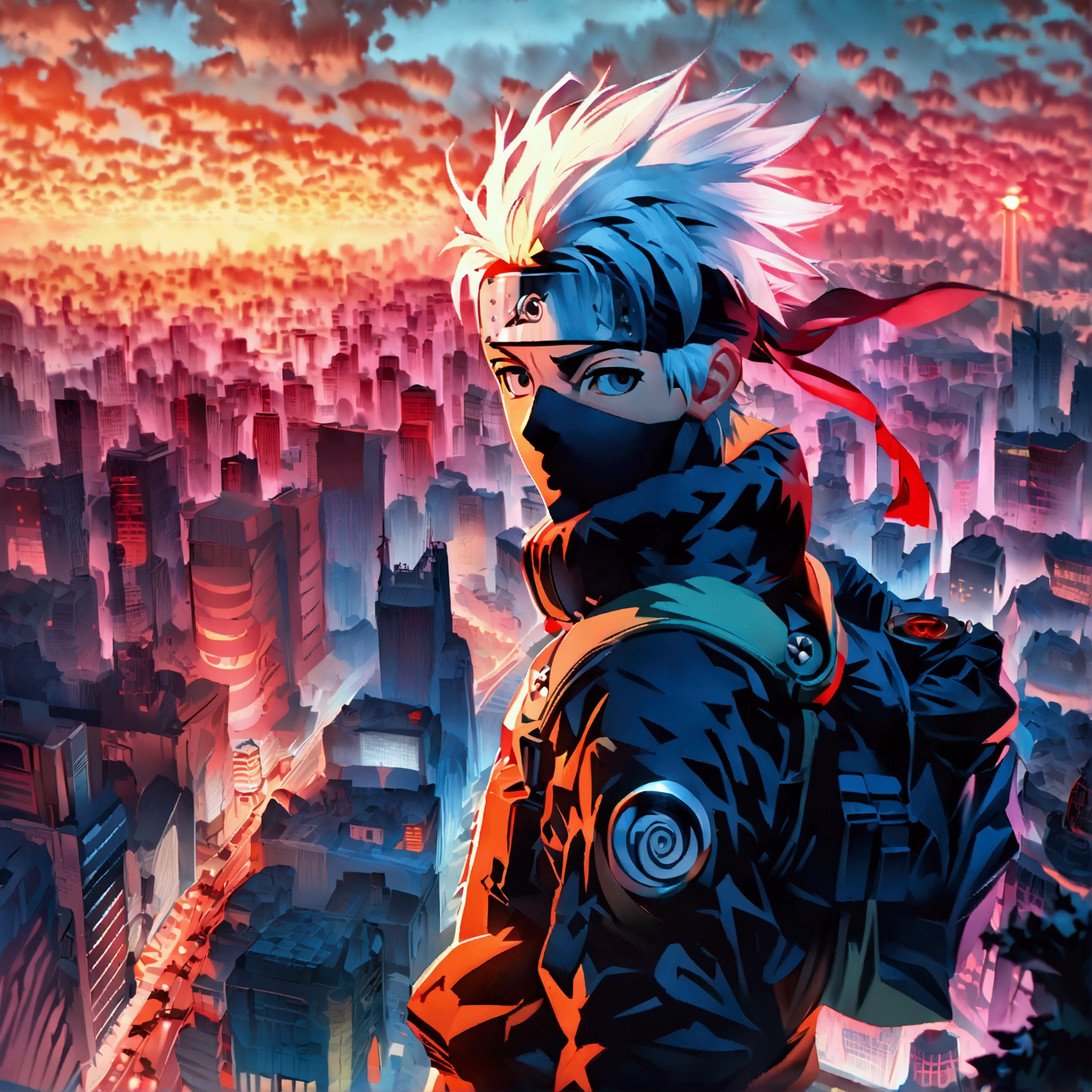 Anime of (original Hatake Kakashi) in a serious mood, background is a high tech anime city, A digital illustration of anime style, digital Mystery paintings, luminism, octane render, Isometric, best quality, sharp focus