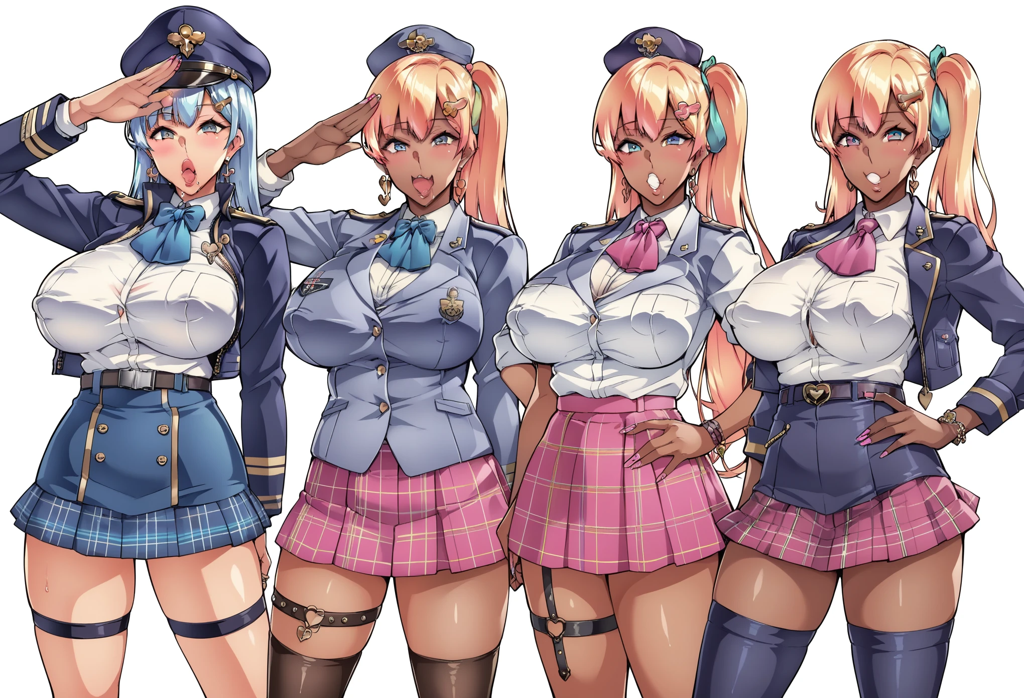 Score_9, score_8_up, score_7_up, score_6_up, source_anime, gyaru, slutty_clothes, expressiveh, multiple girls, group picture, 3girls, standing, (salute), gold earrings, large breasts, jewelry, military cap, (military uniform), (epaulette), jacket, harness, thigh strap, black thigh boots, (layered skirt), miniskirt, 