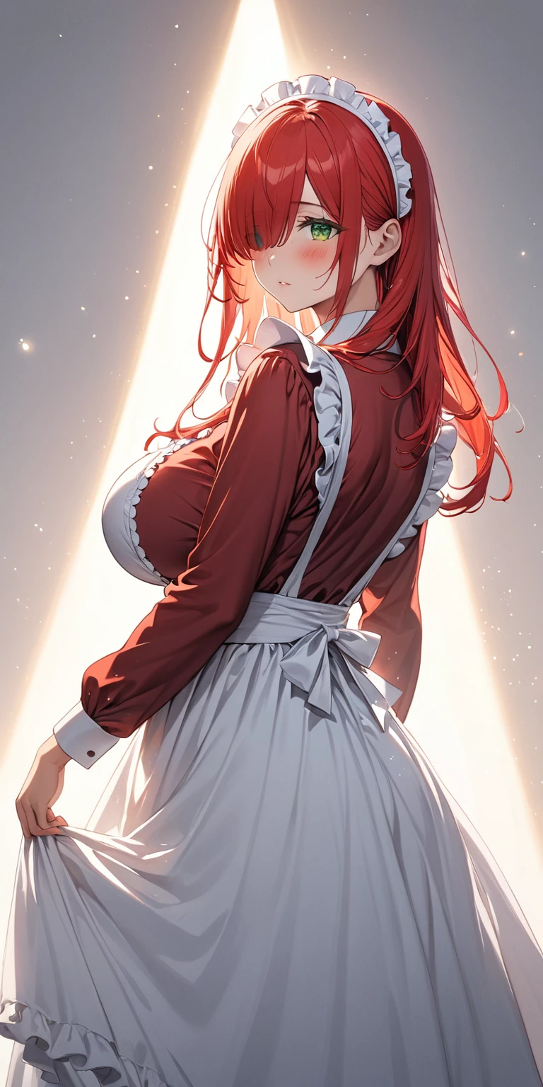 (masterpiece, Highest quality:1.2), 1girl, Red long hair, (maid dress), growing light, ((green eyes)), ((big breast)), light particles, long bangs, bangs, high detail, glowing light, bloom, standing, ((hair over eyes)), eyes visible through hair, back light, natural light, blush, mature, long sleeves, white background, full body, heels