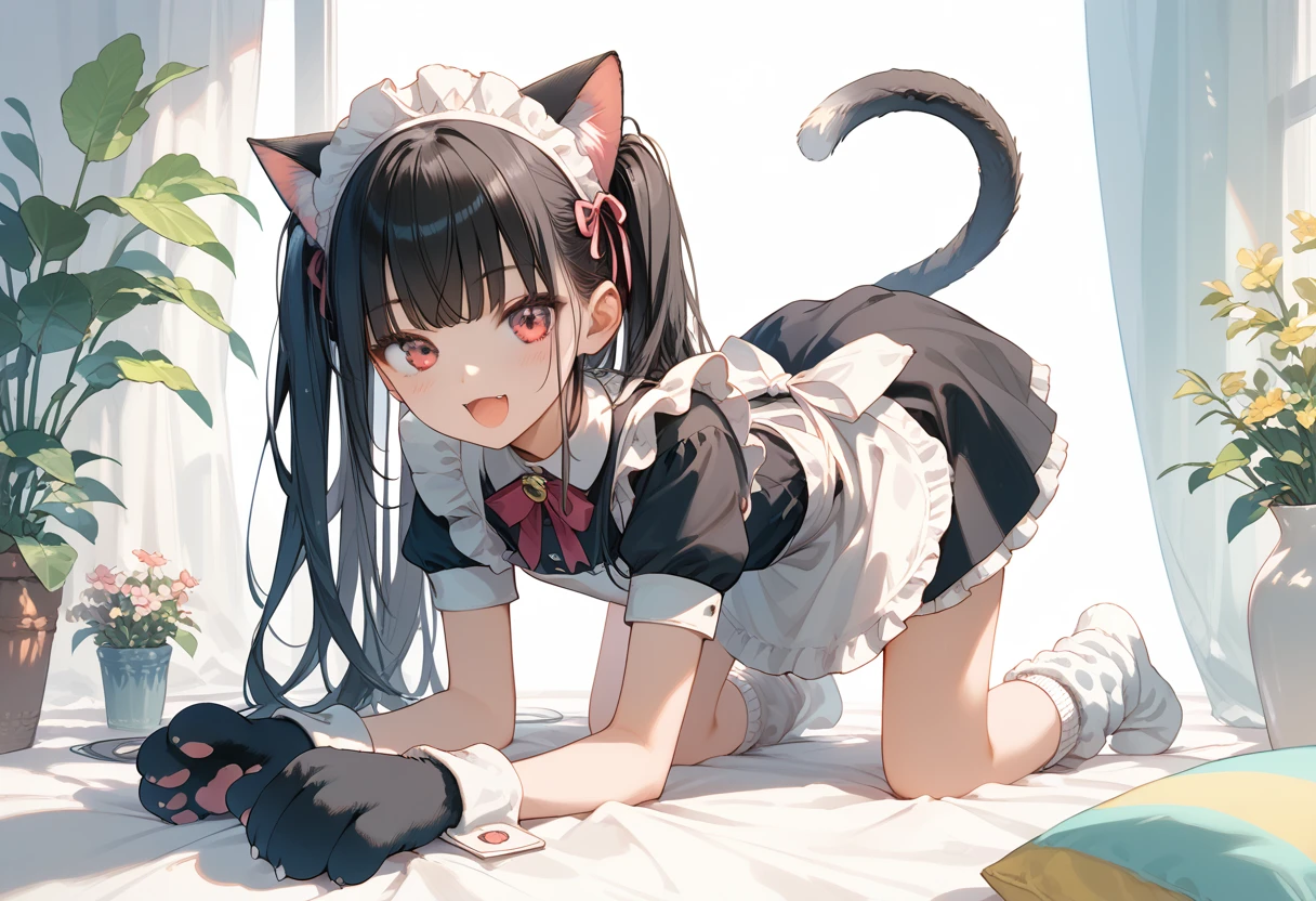 Score_9,Score_8_up,Score_7_up,highest quality anime,masterpiece,1 girl,slim,small breasts,(Ideal slender proportions),(black_long_hair,straight_bangs,maid costume,loose socks,cat ears,cat tail,cat hands),(cat posing,on all fours),joyful