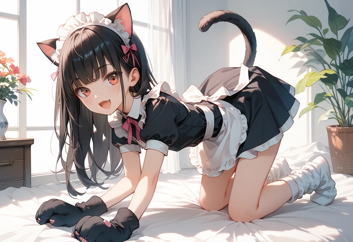 Score_9,Score_8_up,Score_7_up,highest quality anime,masterpiece,1 girl,slim,small breasts,(Ideal slender proportions),(black_long_hair,straight_bangs,maid costume,loose socks,cat ears,cat tail,cat hands),(cat posing,on all fours),joyful