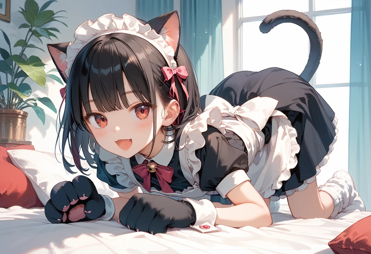 Score_9,Score_8_up,Score_7_up,highest quality anime,masterpiece,1 girl,slim,small breasts,(Ideal slender proportions),(black_long_hair,straight_bangs,maid costume,loose socks,cat ears,cat tail,cat hands),(cat posing,on all fours),joyful