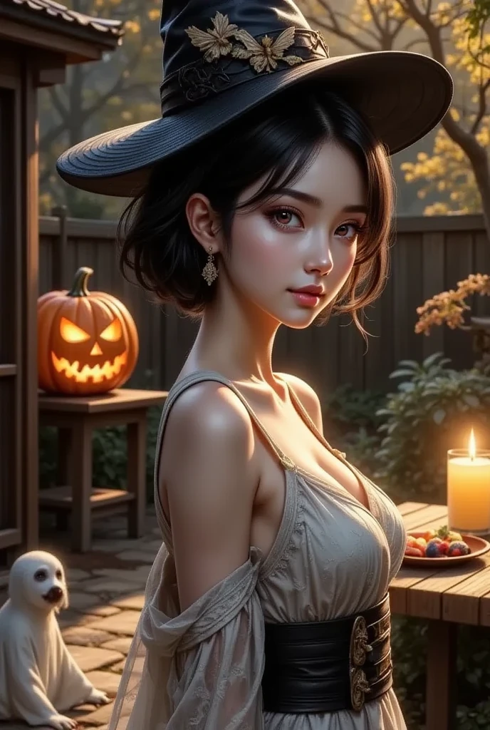 （Illustration wallpaper:1.3）、 Cozy Halloween Party、 Warm and Nostalgic Atmosphere 、 jack-o-lantern、 witch hat 、ghost、Flying Bats 、Detailed Food and Drink 、One girl、 beautifully detailed eyes 、Beautifully detailed lips、 very detailed face and features 、 long eyelashes 、 avatar style 、(Best Quality、4K、8k、 high resolution:1.2)、Super detailed、 bright color、Warm lighting、Whimsical、magic、autumn、 pumpkin、Candles、 Cozy Decor 、(Illustration wallpaper)、